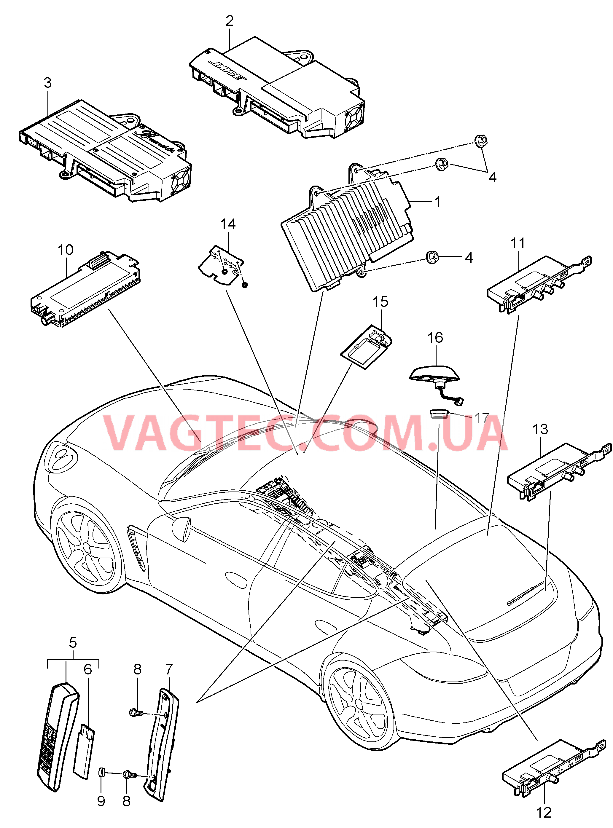 911-010 Телефон, Усилитель, Антенный усилитель, Линии, Антенна, Видео для PORSCHE Panamera 2010-2016