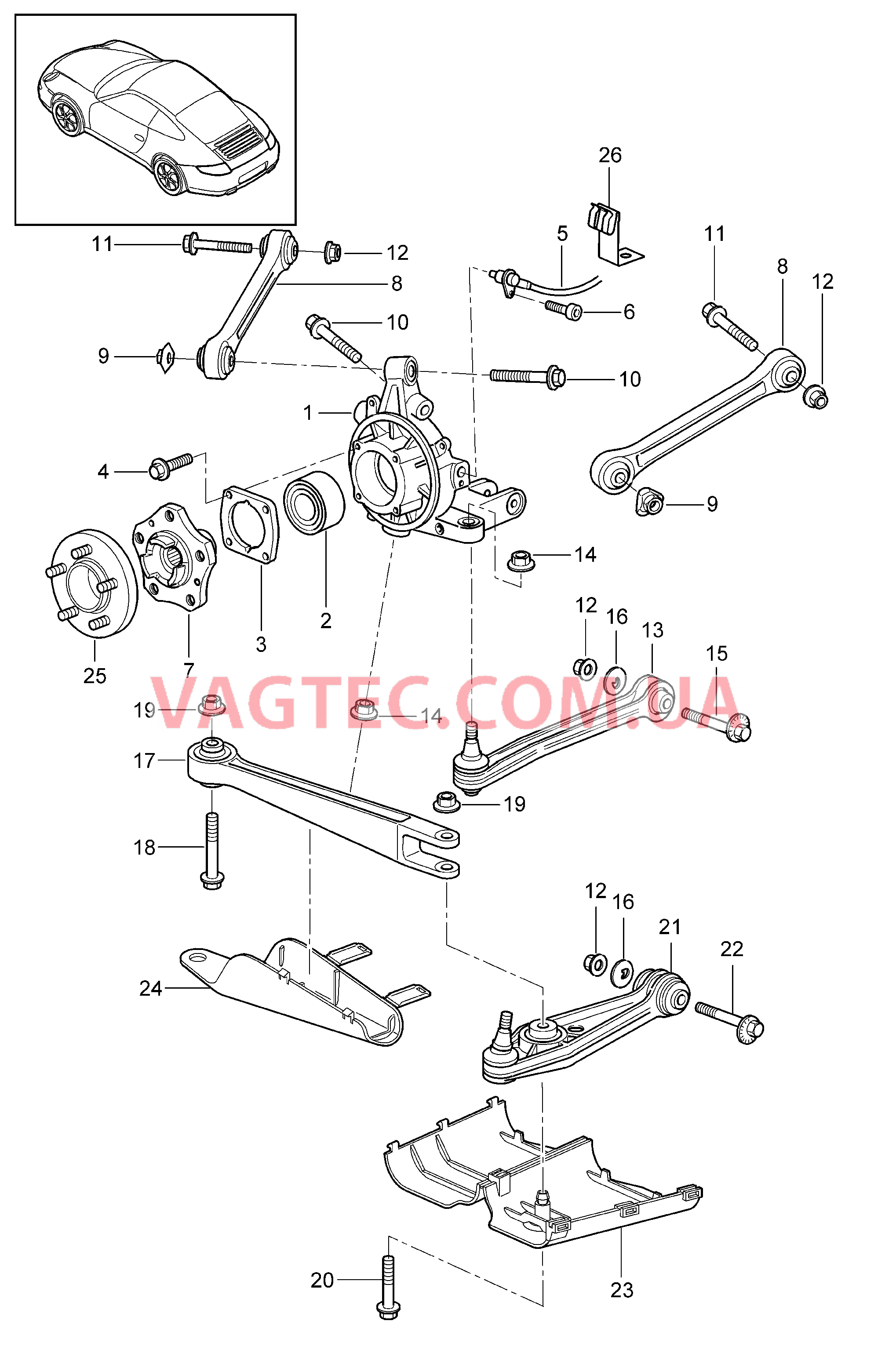 501-000 Задняя ось, Корпус подшипника ступицы, Рычаг, Ступица для PORSCHE 911.Carrera 2005-2008USA