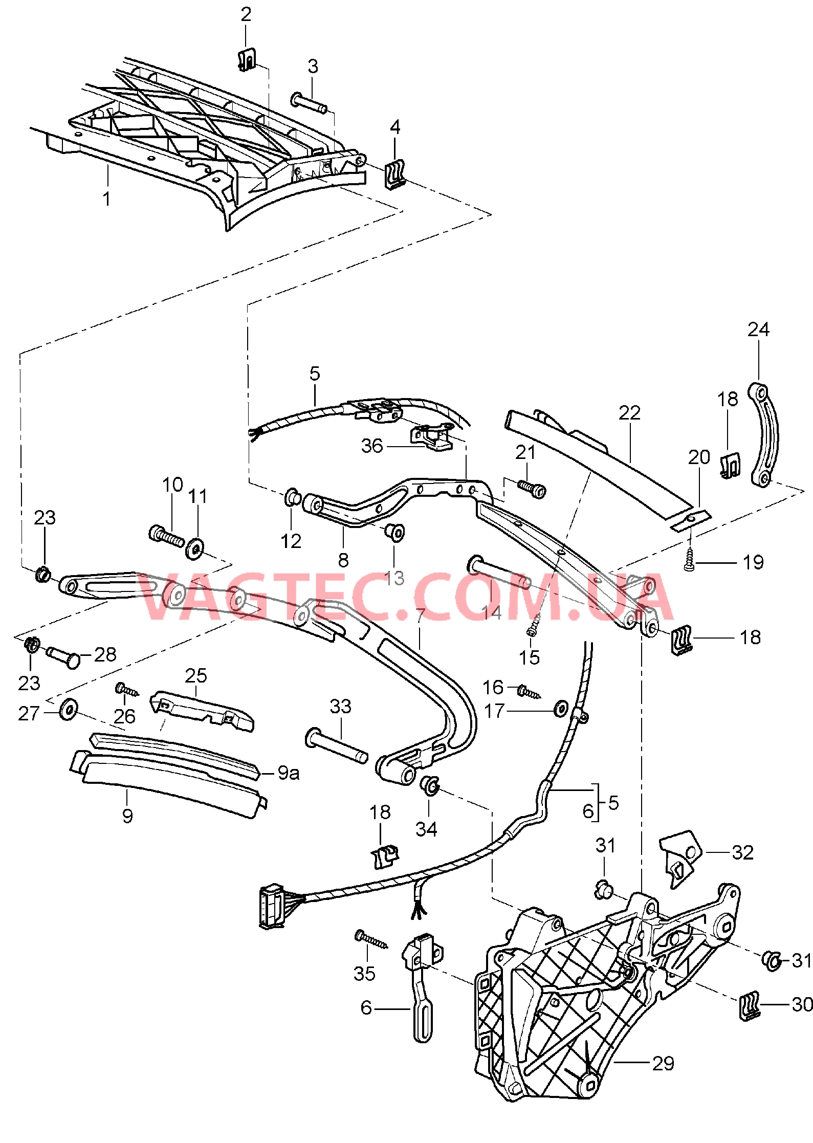 811-007 Каркас складного верха, Отдельные детали для PORSCHE 911.Carrera 2005-2008