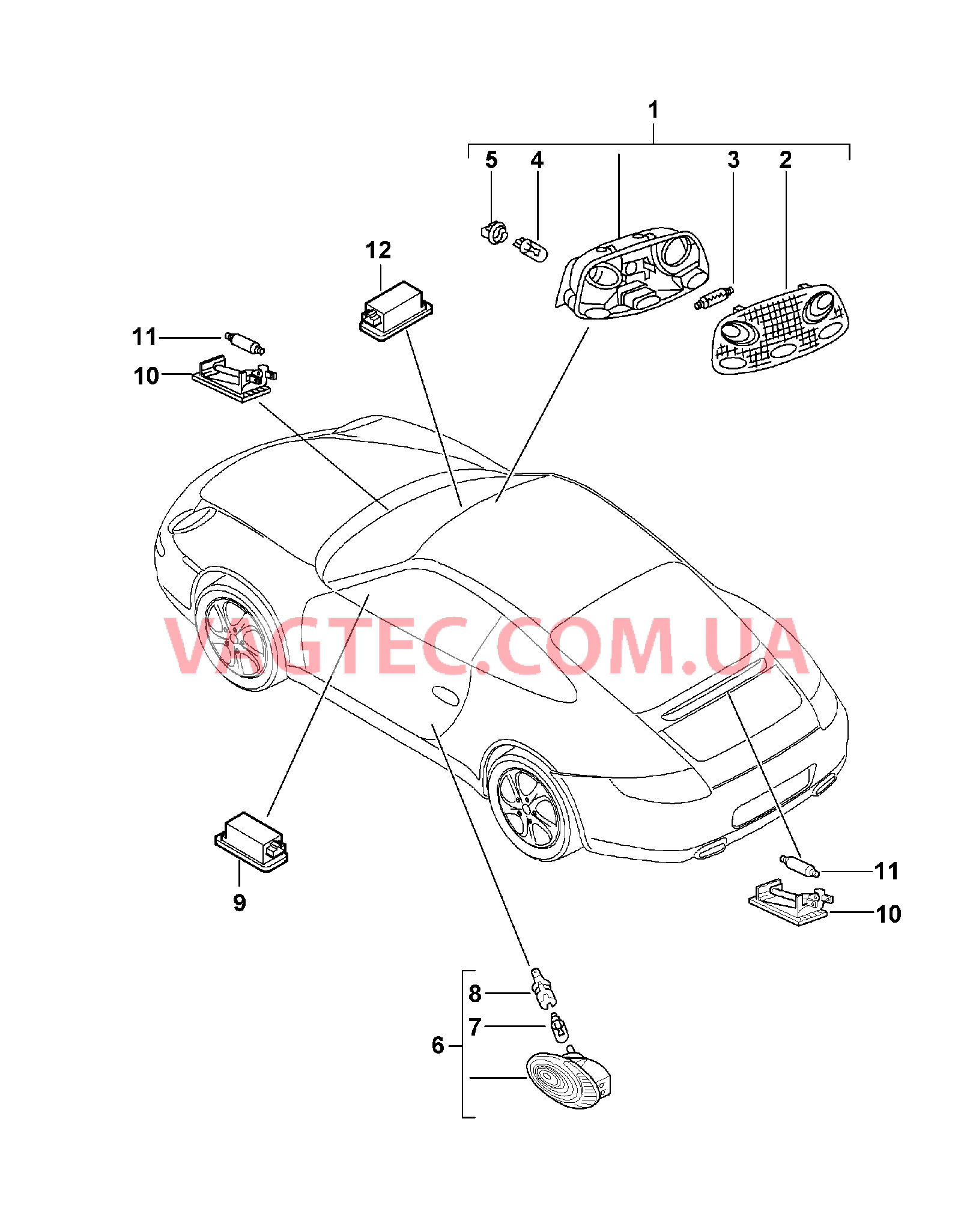 903-004 Освещение салона, Плафон освещения багажного отделения, Подсветка моторн. отсека, Подсветка перчат.ящика, Подсветка простр.для ног для PORSCHE 911.Carrera 2005-2008