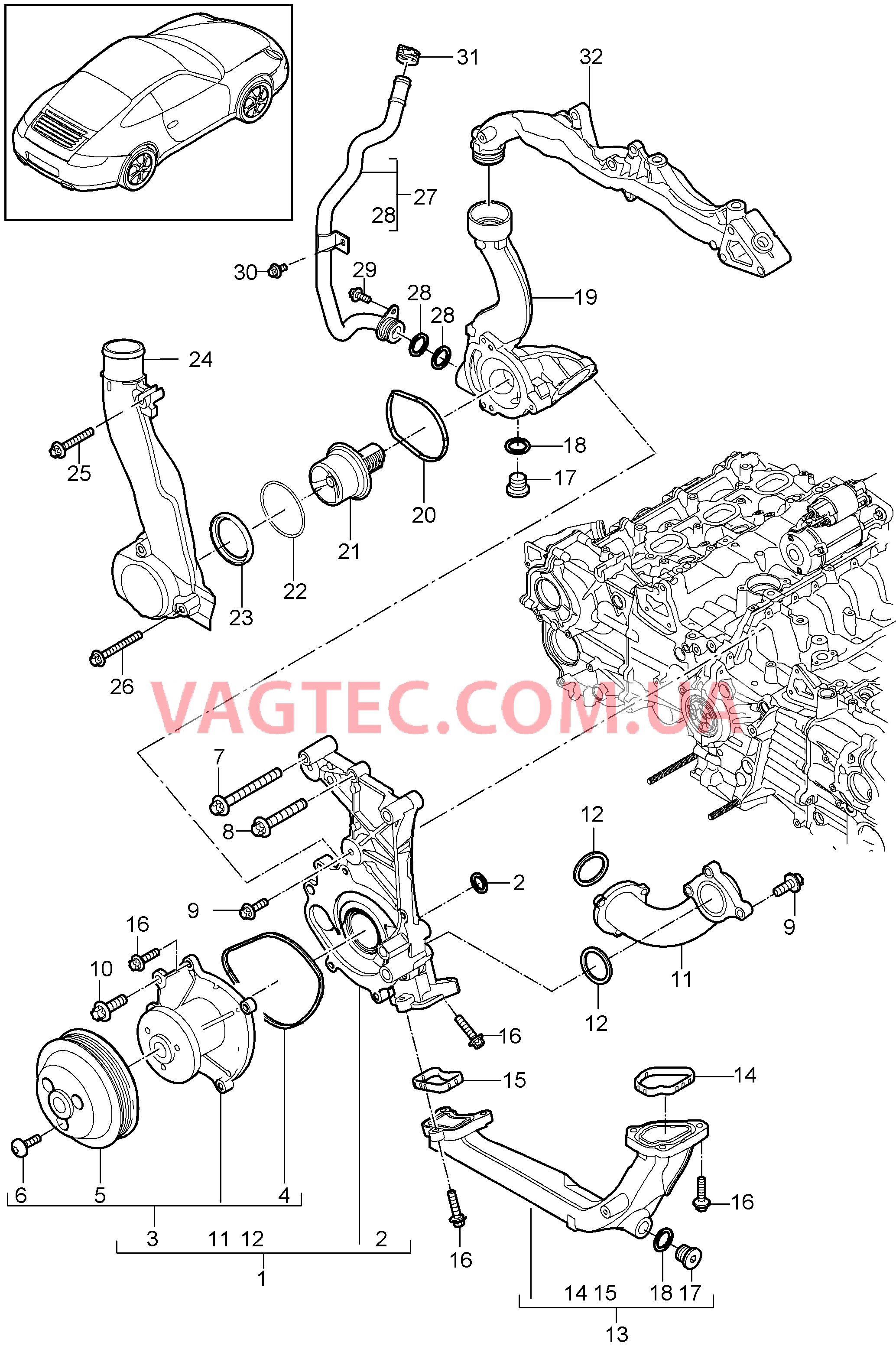 105-000 Водяной насос, Корпус термостата для PORSCHE 911.Carrera 2009-2012