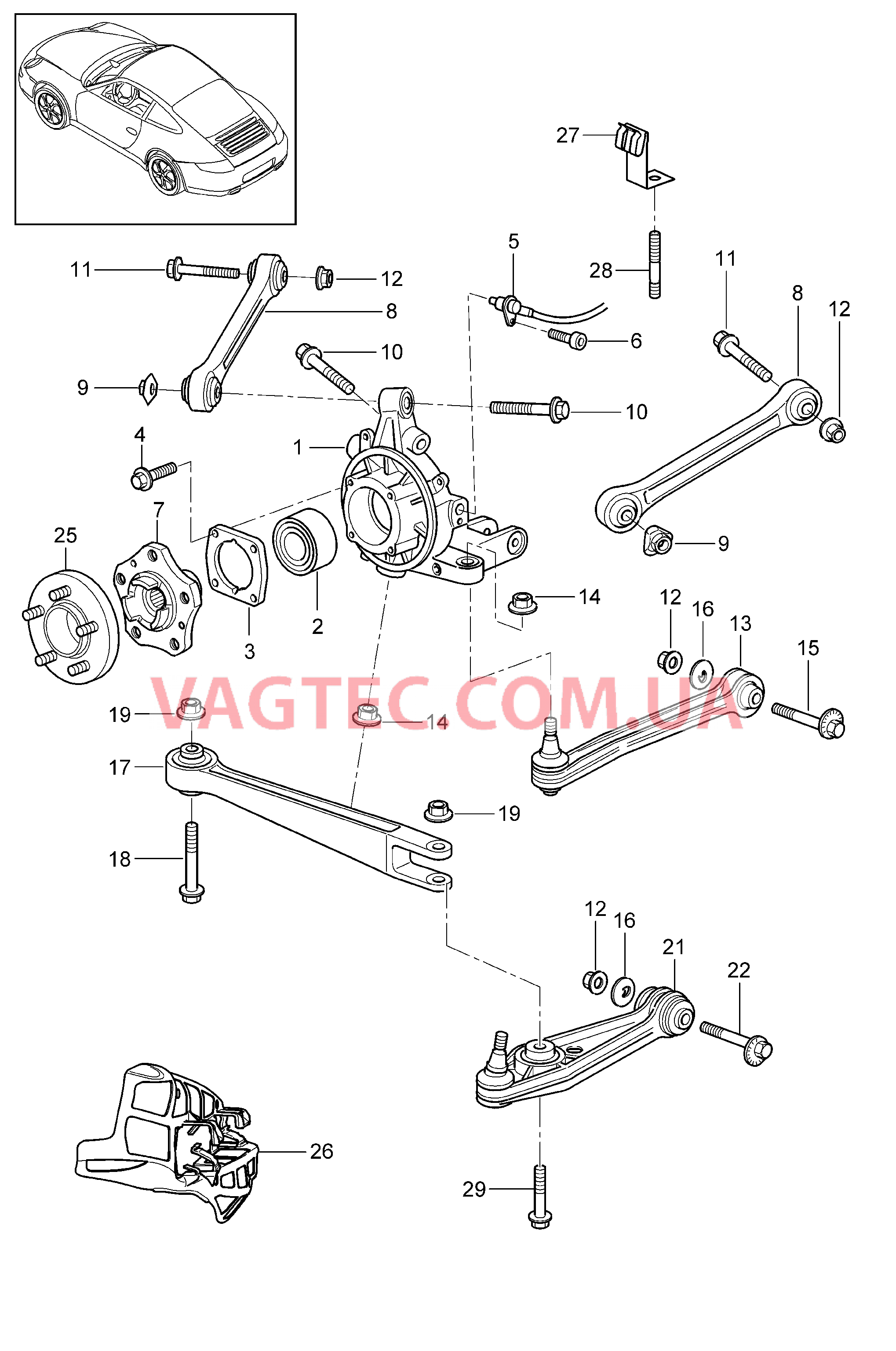 501-000 Задняя ось, Корпус подшипника ступицы, Рычаг, Ступица для PORSCHE 911.Carrera 2009-2012USA