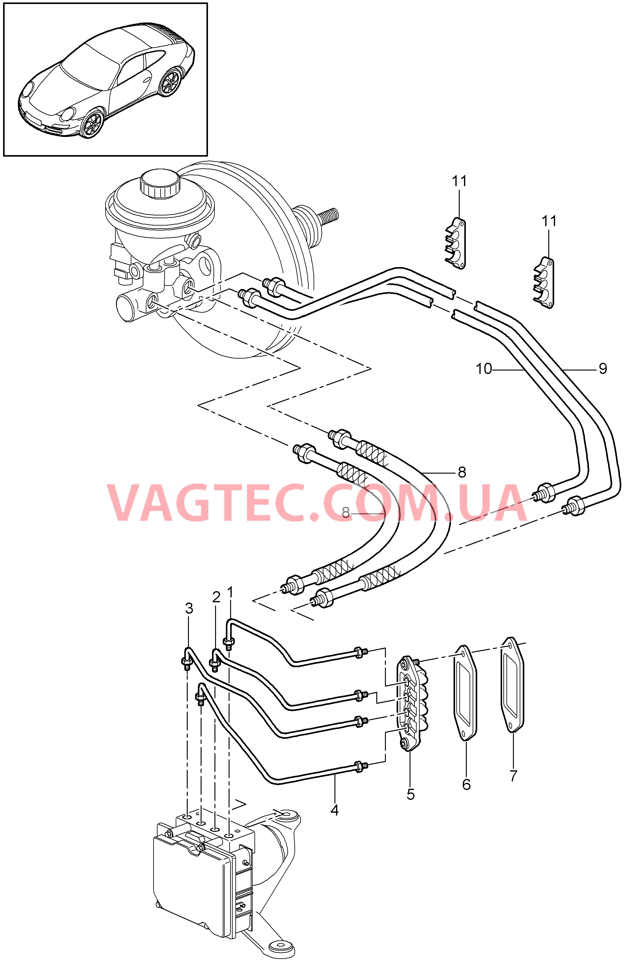 604-005 Тормозные магистрали, Передняя часть кузова
						
						CARRERA 2, CARRERA 2-S, SPORTCLASSIK, SPEEDSTER, CARRERA GTS для PORSCHE 911.Carrera 2009-2012USA