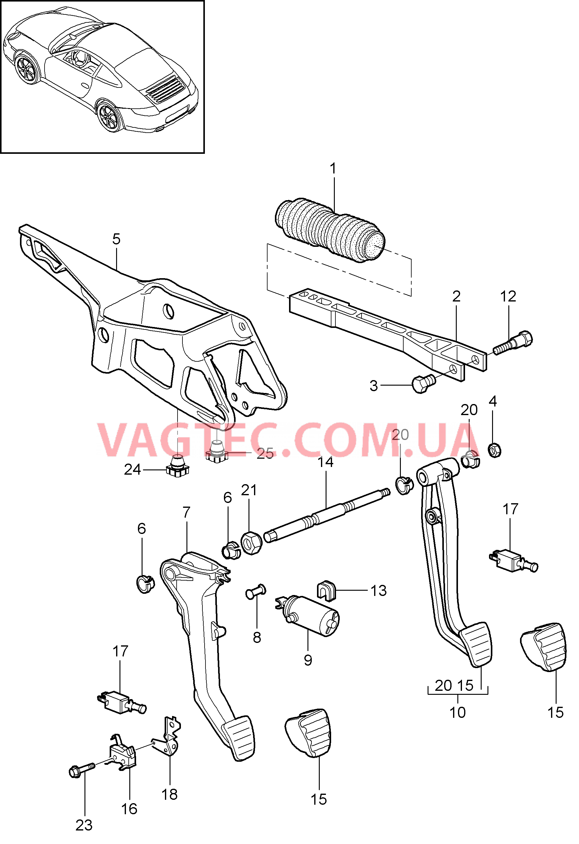 702-000 Педальный механизм для PORSCHE 911.Carrera 2009-2012USA