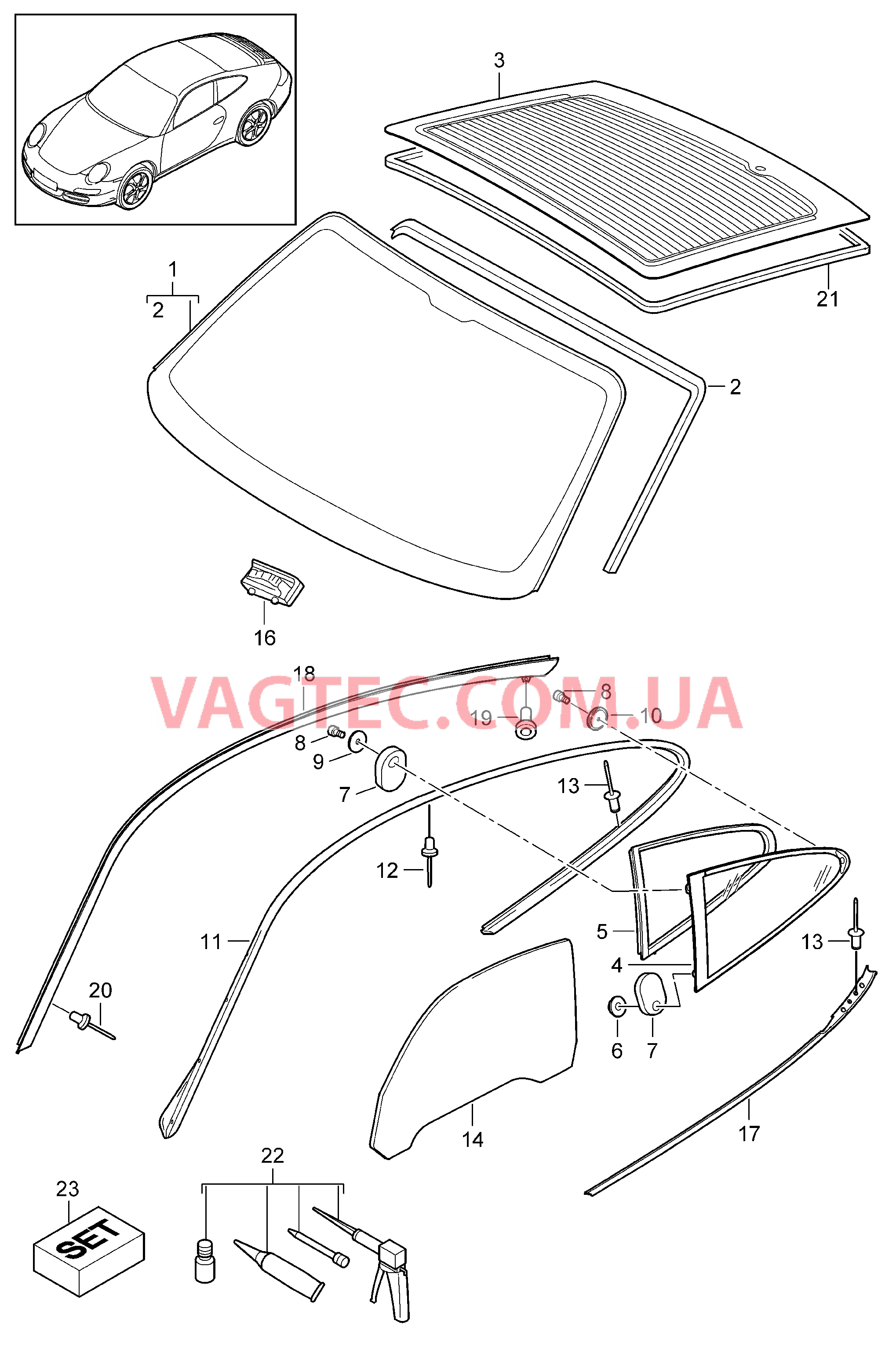 805-000 Остекление для PORSCHE 911.Carrera 2009-2012USA