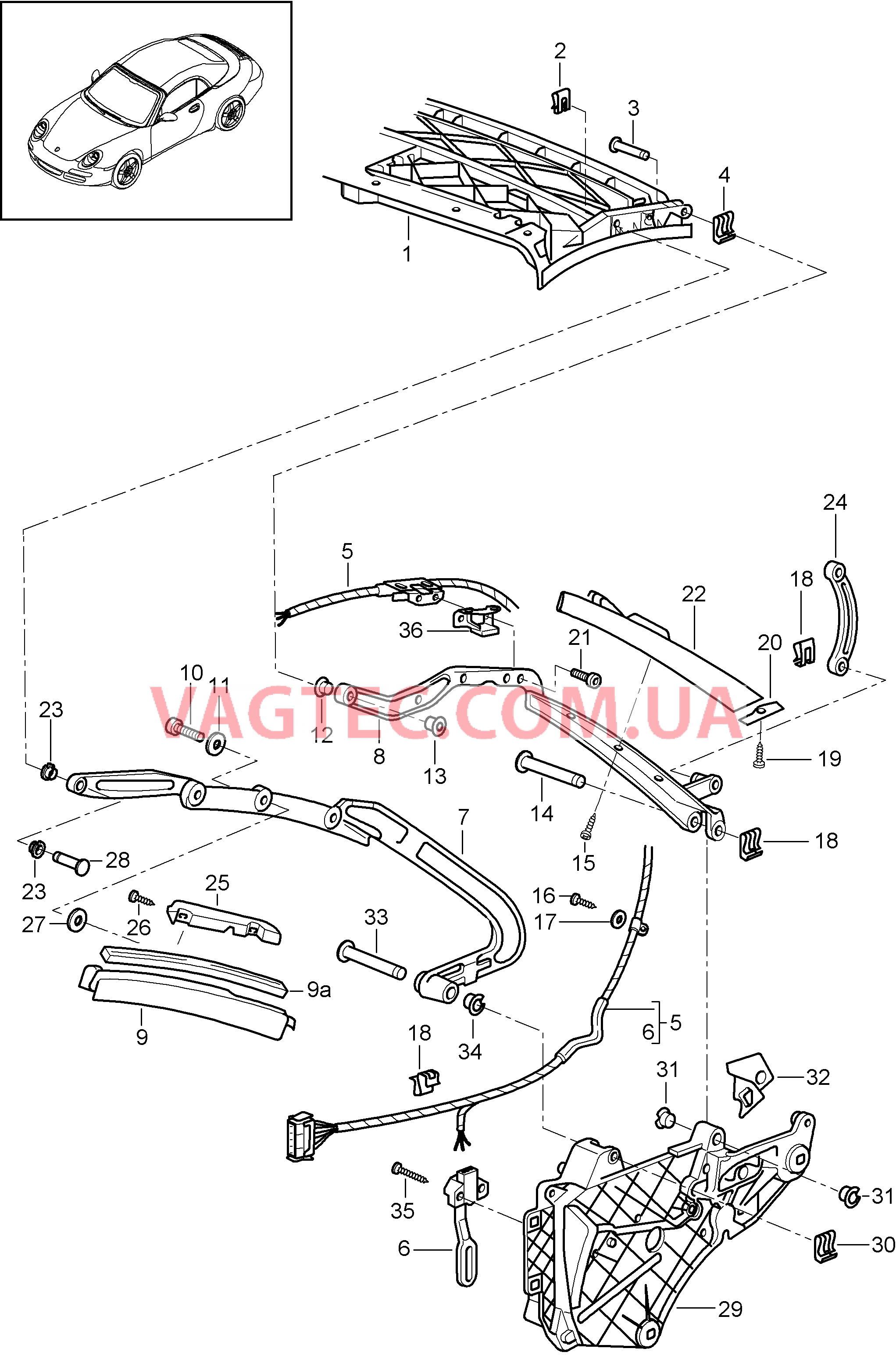 811-007 Каркас складного верха, Отдельные детали для PORSCHE 911.Carrera 2009-2012USA