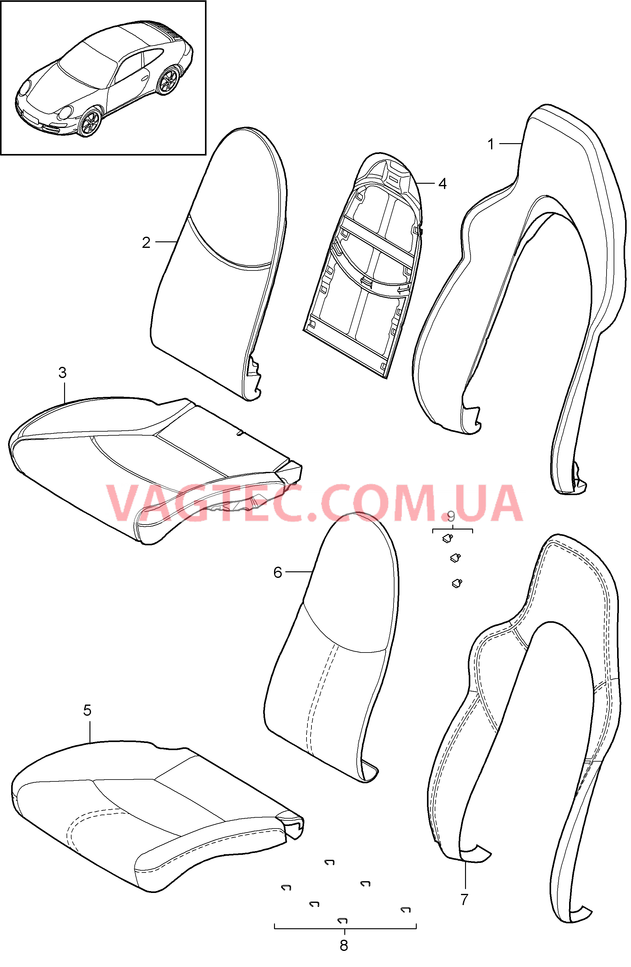 817-017 Пенопласт.комп., Покрытие, Спортивное сиденье для PORSCHE 911.Carrera 2009-2012USA