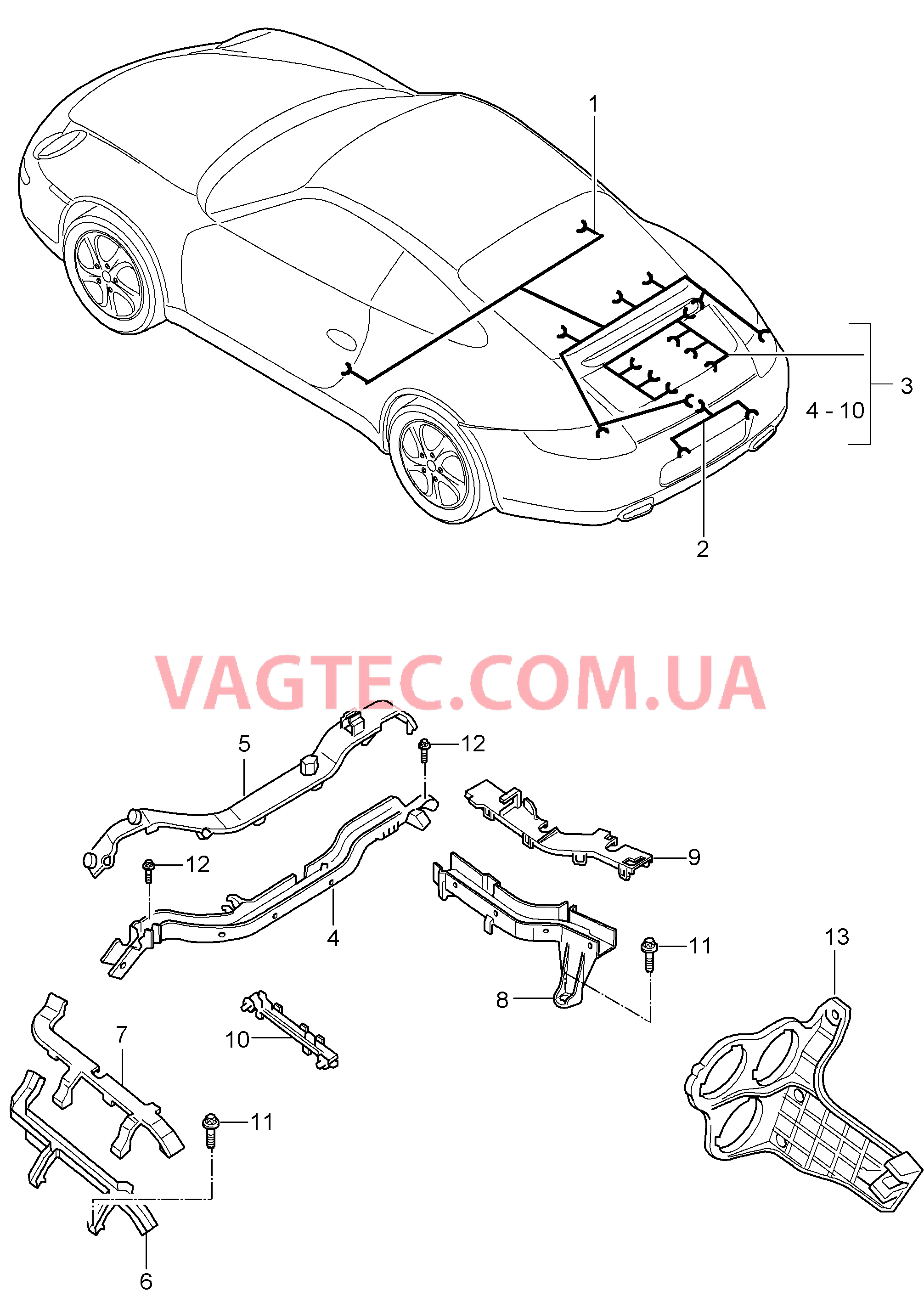 902-020 Жгуты проводов, Задняя часть кузова, Доп.сигнал торможения, Лампа освещения номерного знака, Двигатель, Коробка переключения передач, Ремонтные комплекты, Амортизатор, ABS, Индик.износа торм.колодок, Задняя ось для PORSCHE 911.Carrera 2009-2012USA