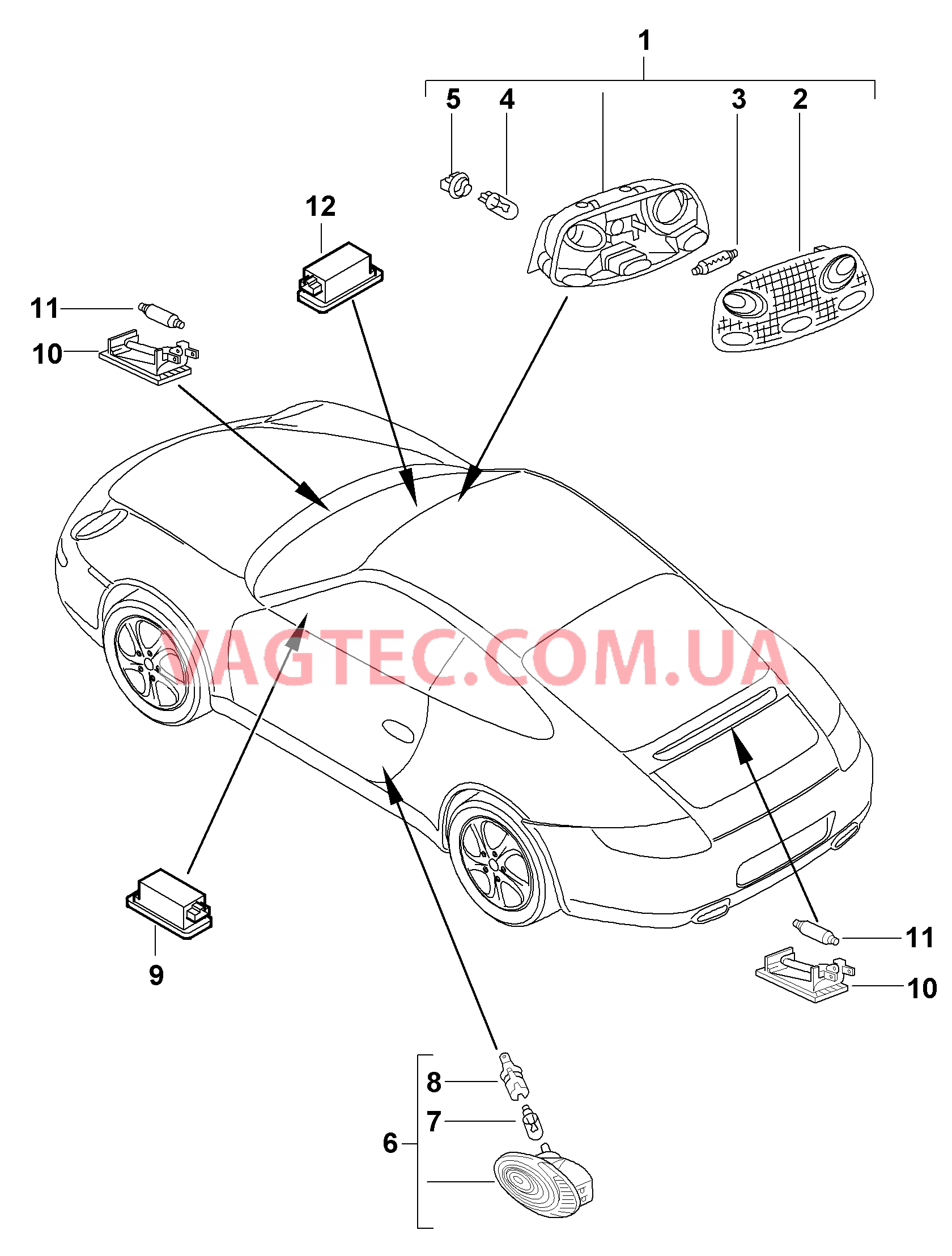903-004 Освещение салона, Плафон освещения багажного отделения, Подсветка моторн. отсека, Подсветка перчат.ящика, Подсветка простр.для ног для PORSCHE 911.Carrera 2009-2012