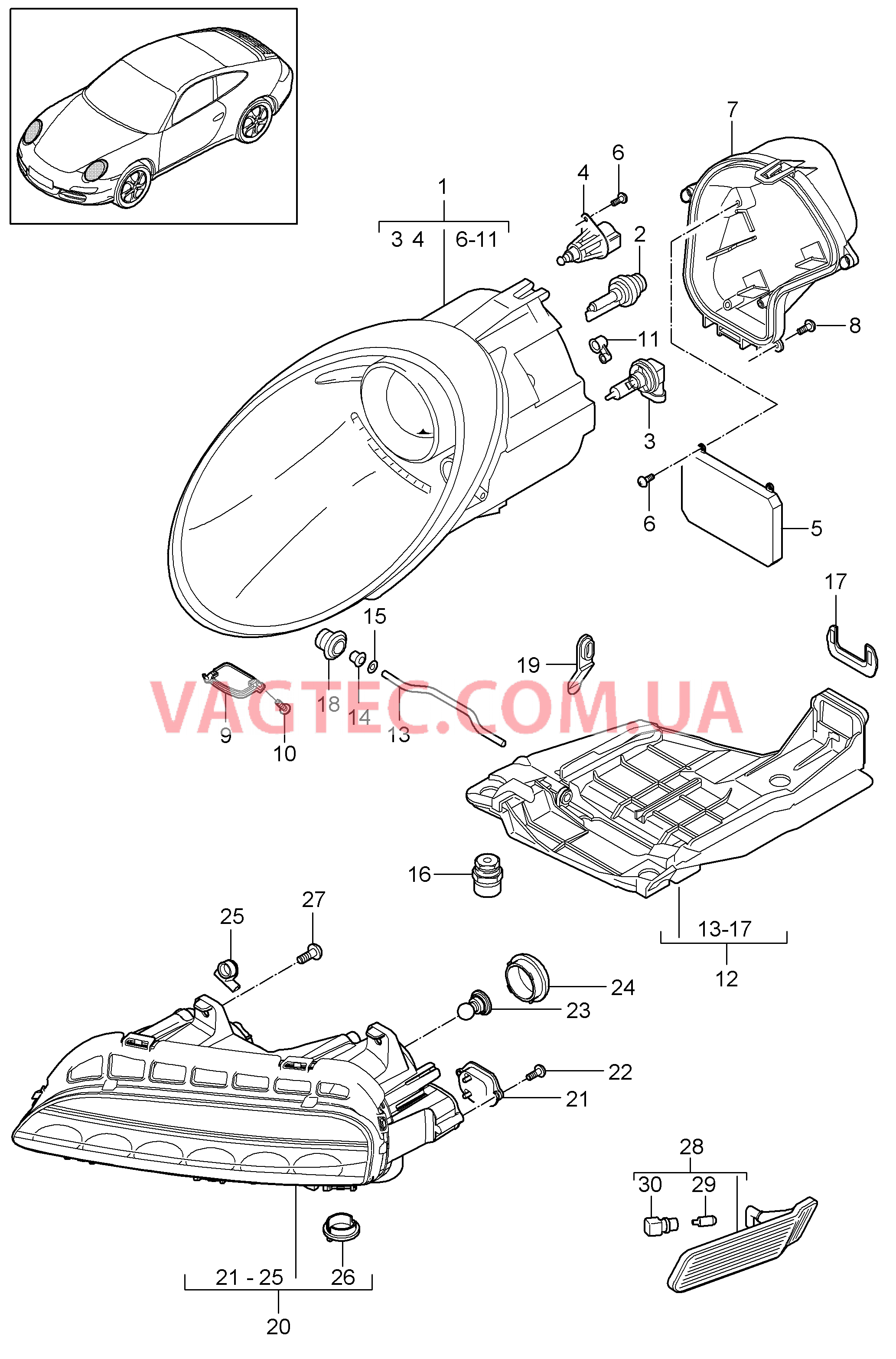 905-000 Фара, Дополнительная фара, Указатель поворота
						
						I601 для PORSCHE 911.Carrera 2009-2012