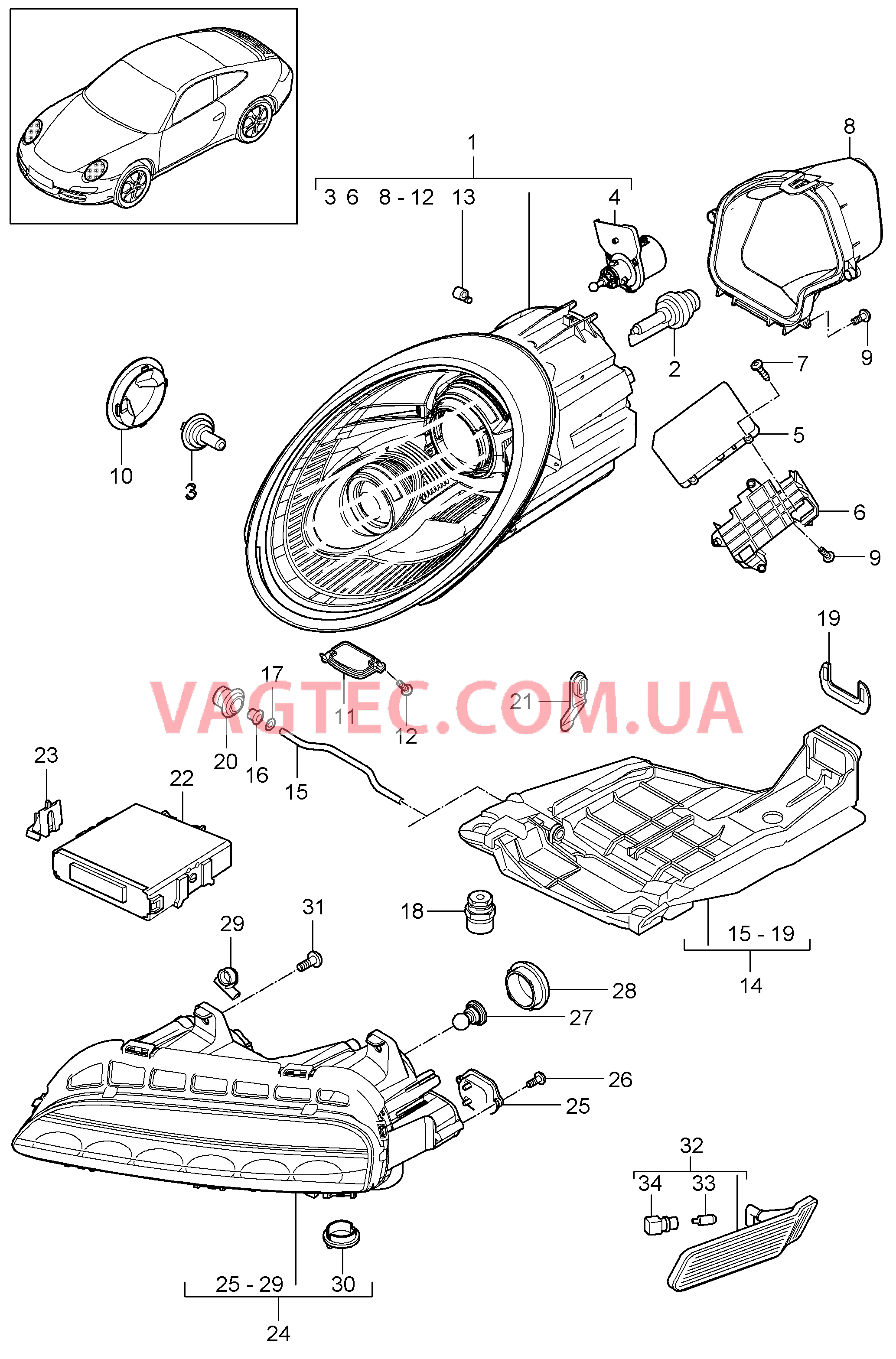 905-001 Фара, Дополнительная фара, Указатель поворота
						
						I603 для PORSCHE 911.Carrera 2009-2012