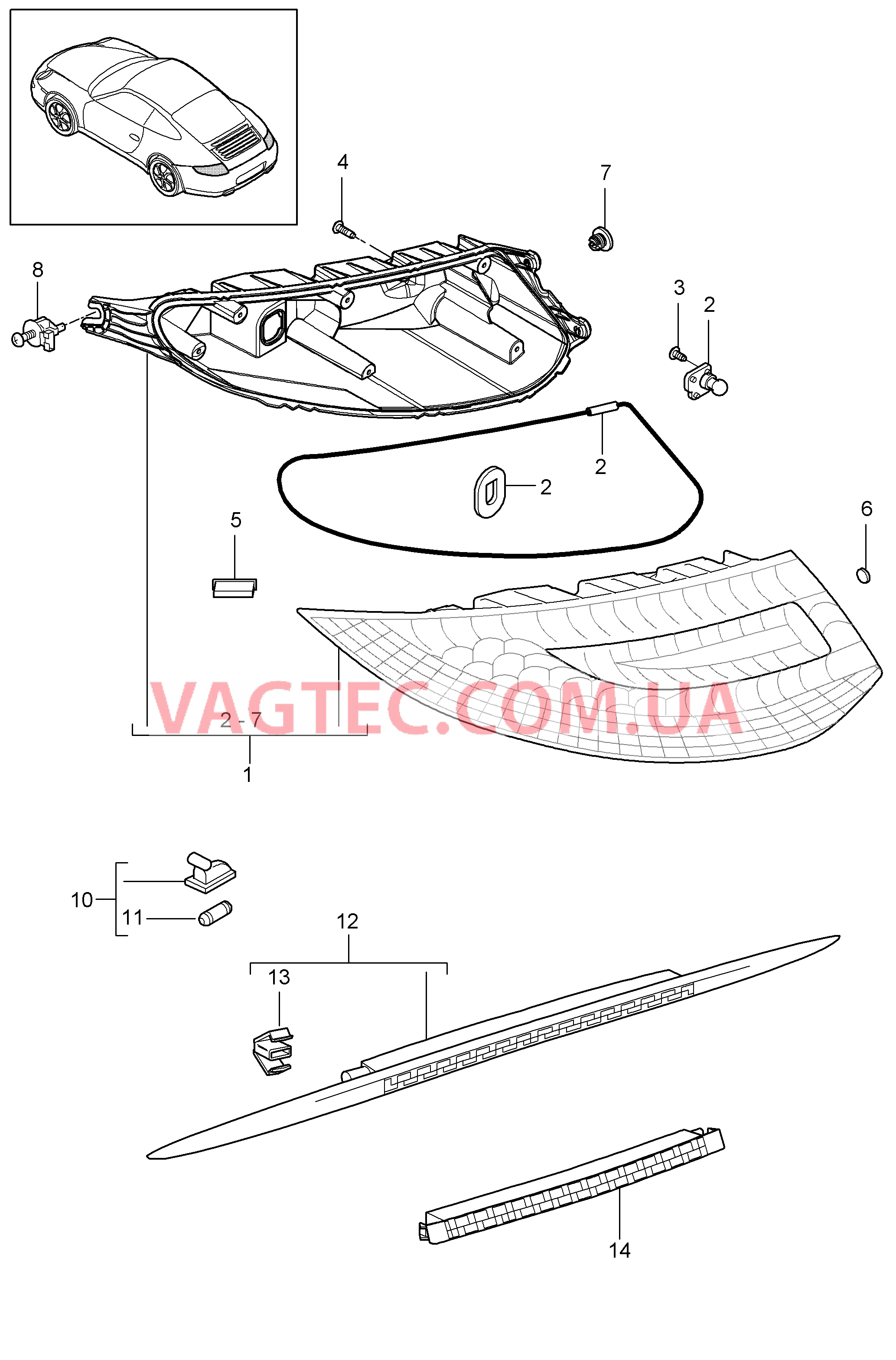 905-005 Задний фонарь, Лампа освещения номерного знака, Доп.сигнал торможения для PORSCHE 911.Carrera 2009-2012