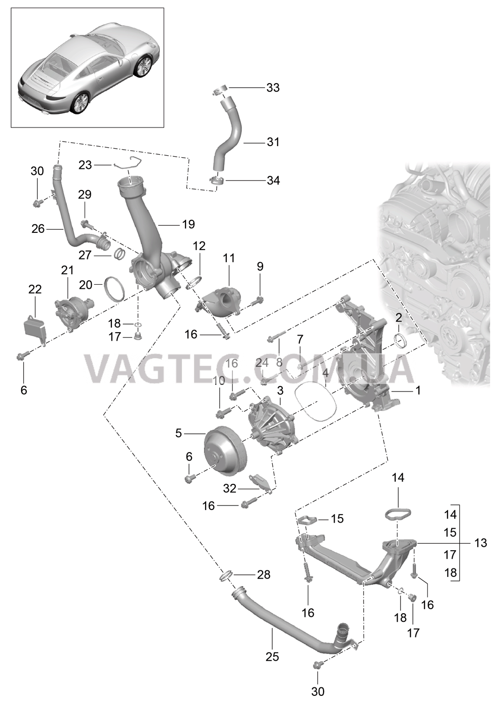 105-000 Водяной насос, Корпус термостата для PORSCHE 911.Carrera 2012-2016USA