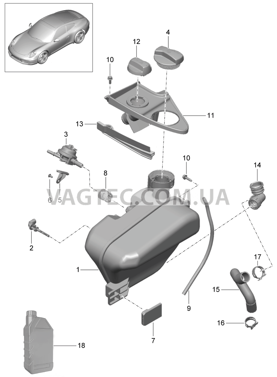 105-020 Водяное охлаждение 4, Водяной резервуар, Подача масла для PORSCHE 911.Carrera 2012-2016