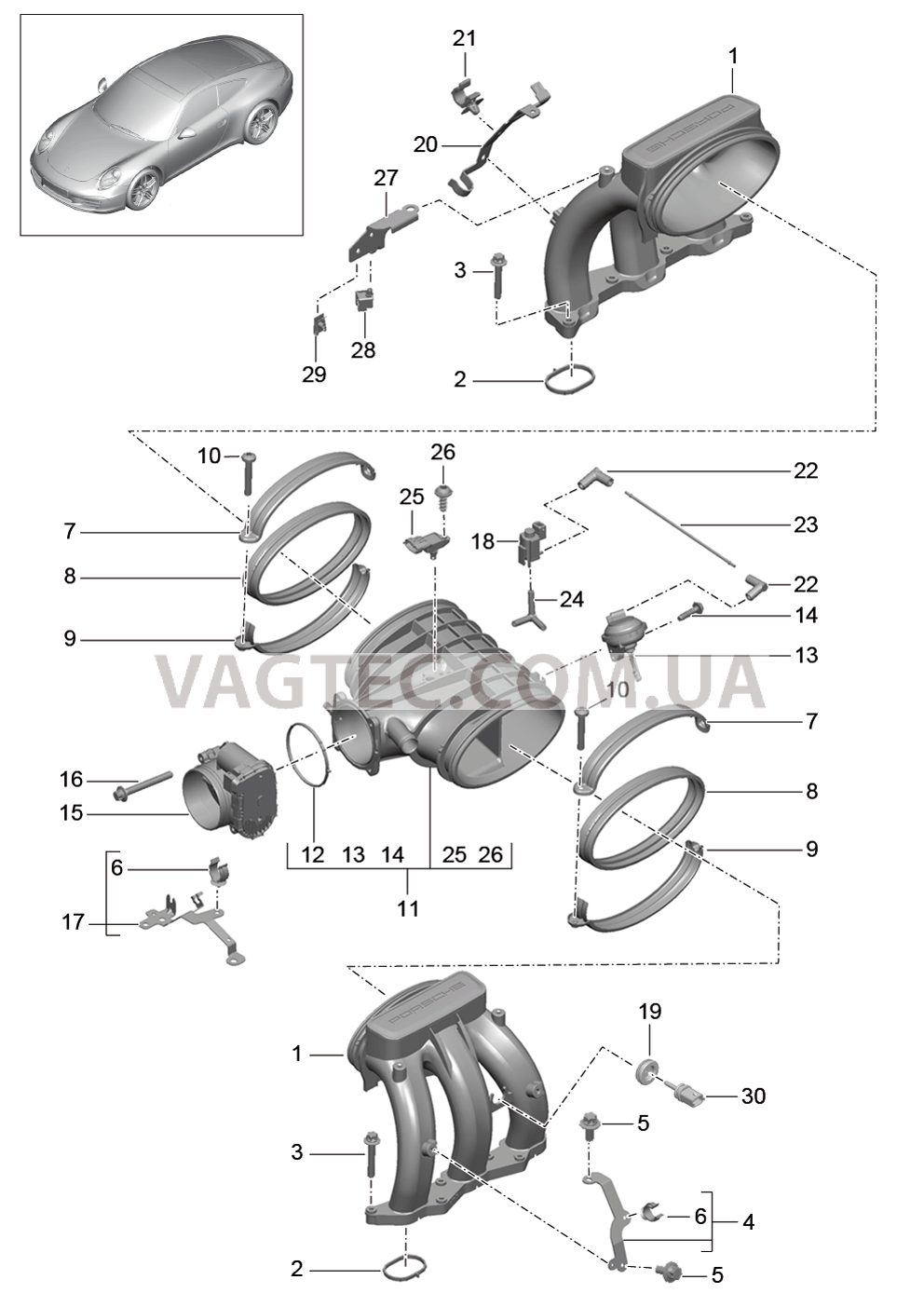 107-010 Впускной коллектор, Патр. дроссел.заслонки для PORSCHE 911.Carrera 2012-2016USA