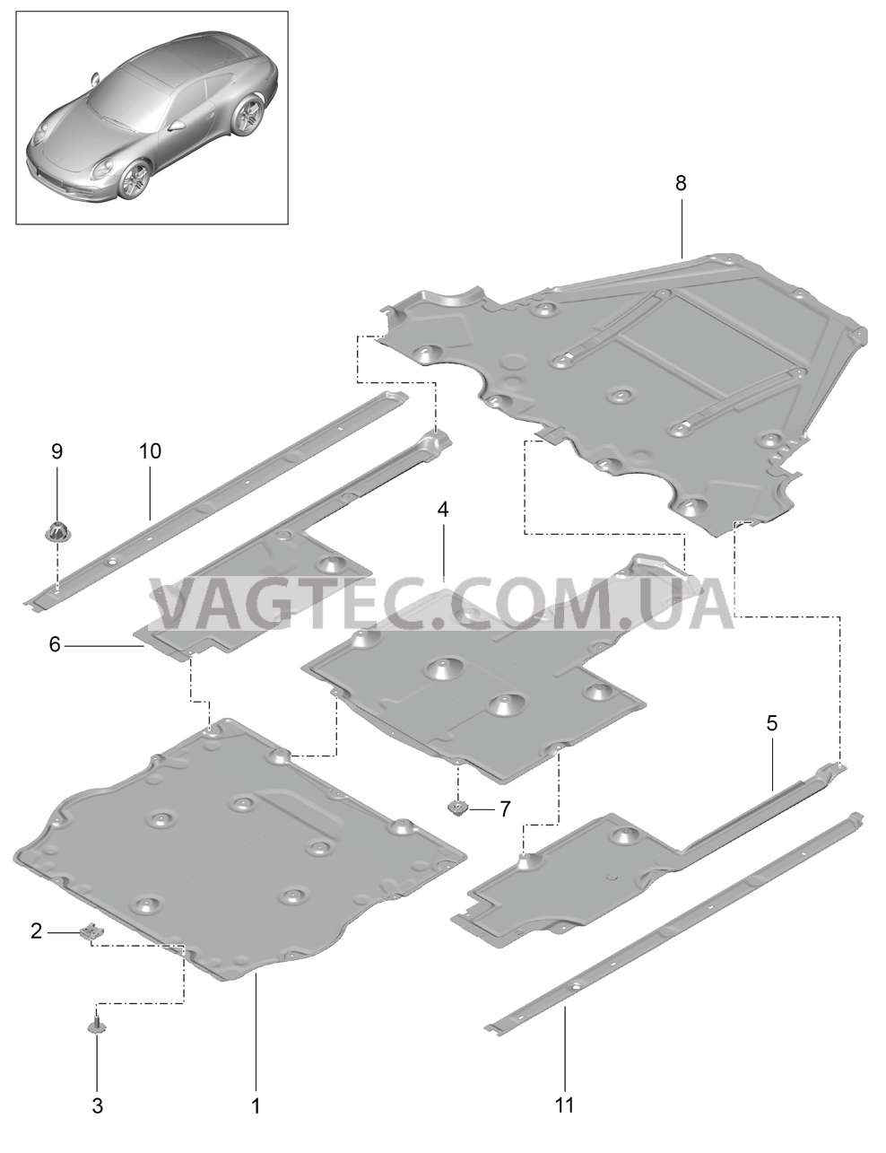 801-070 Днище кузова, Обивки для PORSCHE 911.Carrera 2012-2016USA