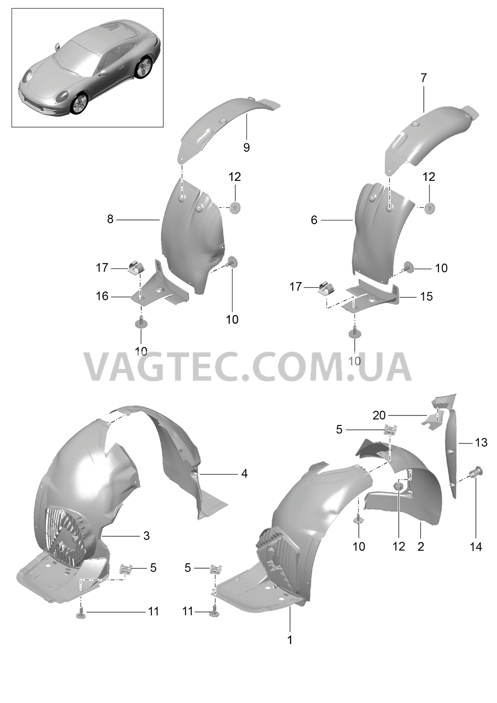 801-075 Подкрылок, Обивки для PORSCHE 911.Carrera 2012-2016USA