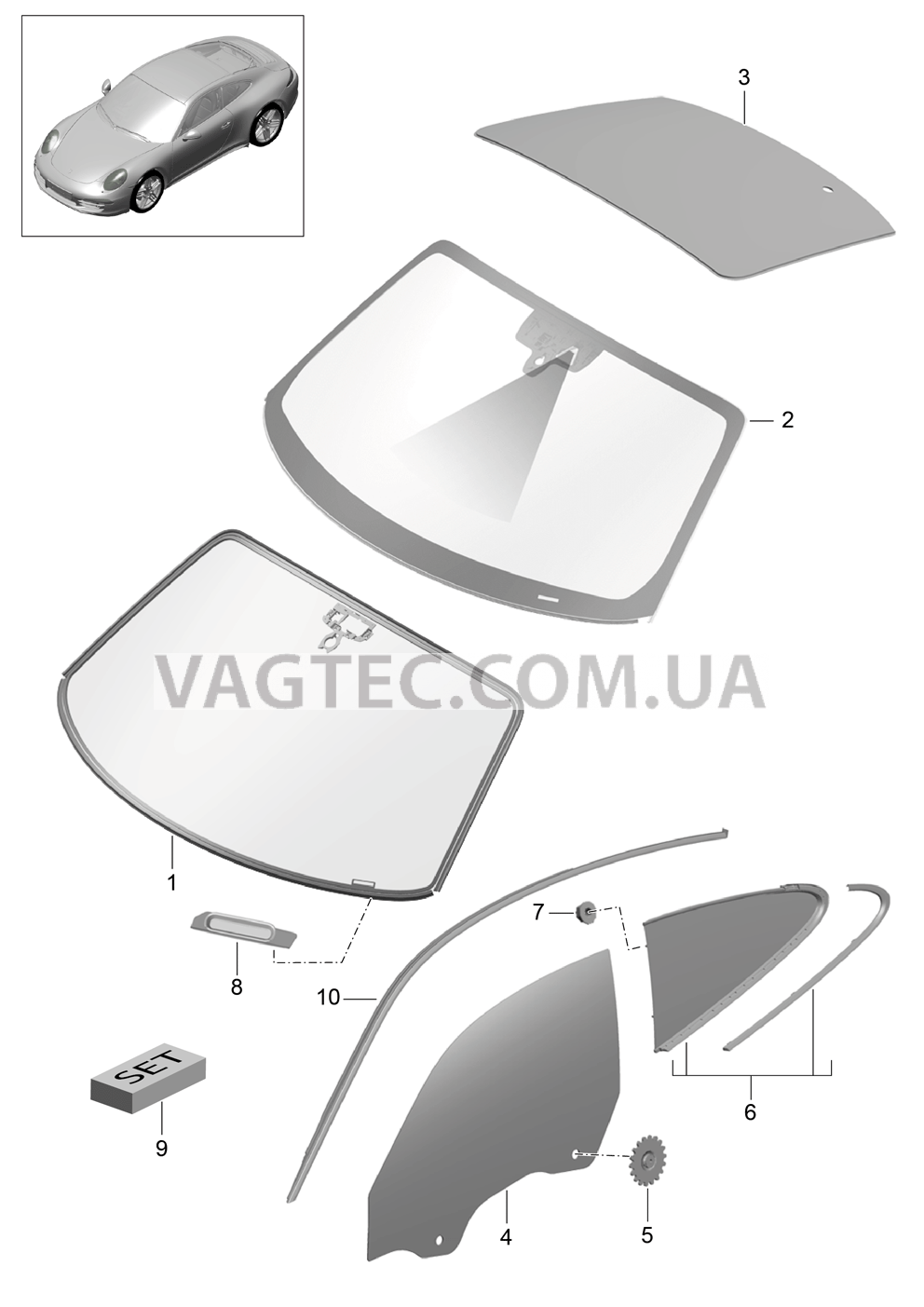 805-000 Остекление для PORSCHE 911.Carrera 2012-2016
