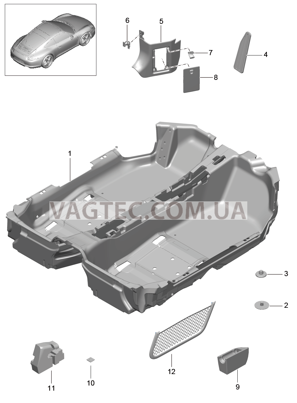 807-010 Накладка на днище, Обивки для PORSCHE 911.Carrera 2012-2016