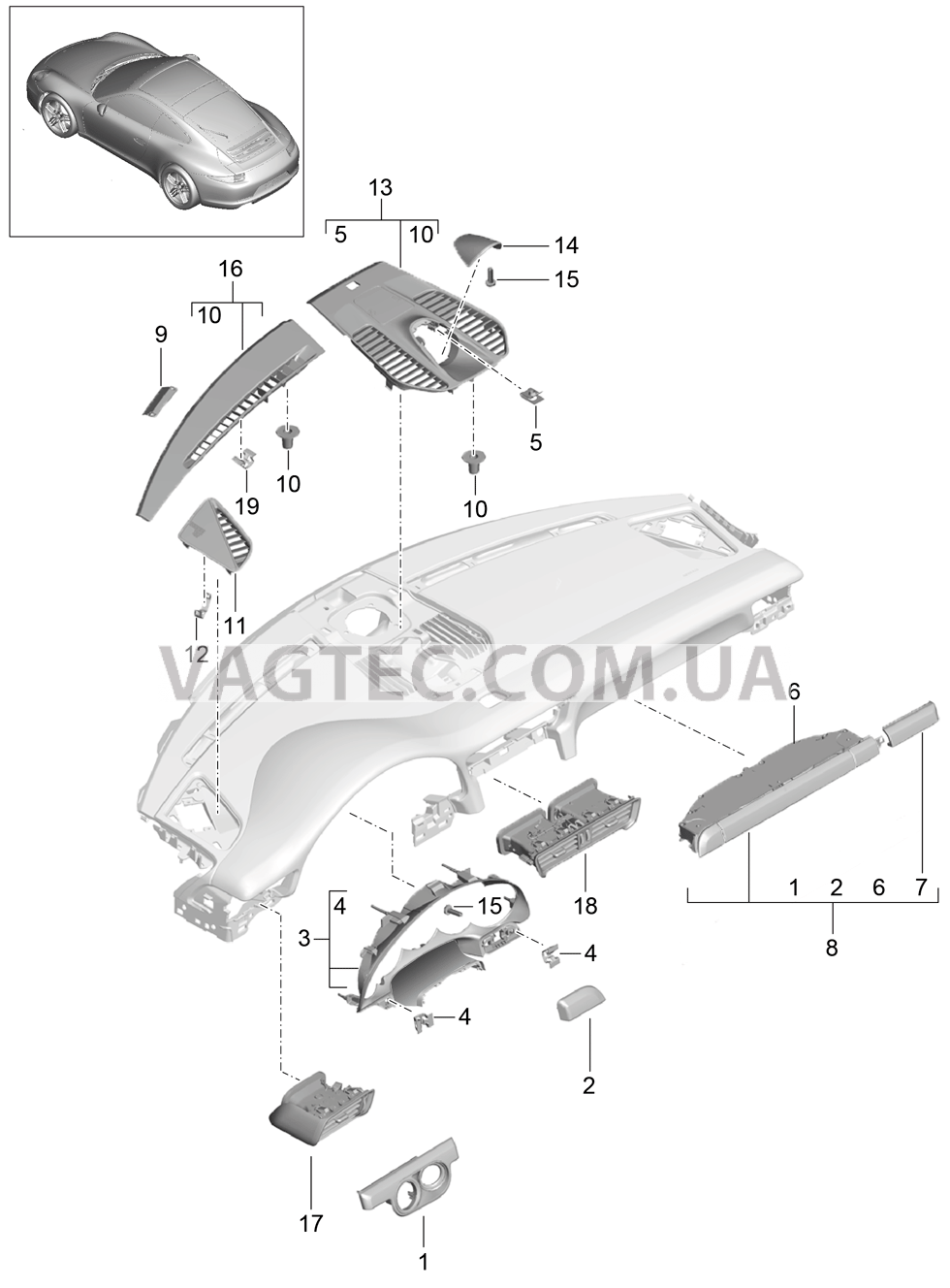 809-005 Детали, Облицовка передней панели, Верхняя часть для PORSCHE 911.Carrera 2012-2016
