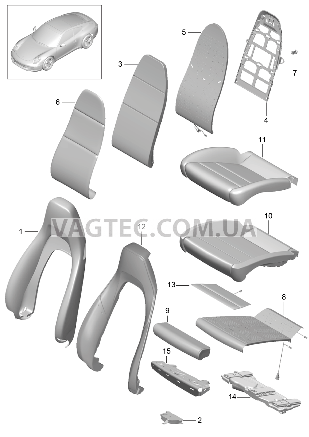 817-002 Пенопласт.комп., Покрытие, Спортивное сиденье для PORSCHE 911.Carrera 2012-2016USA