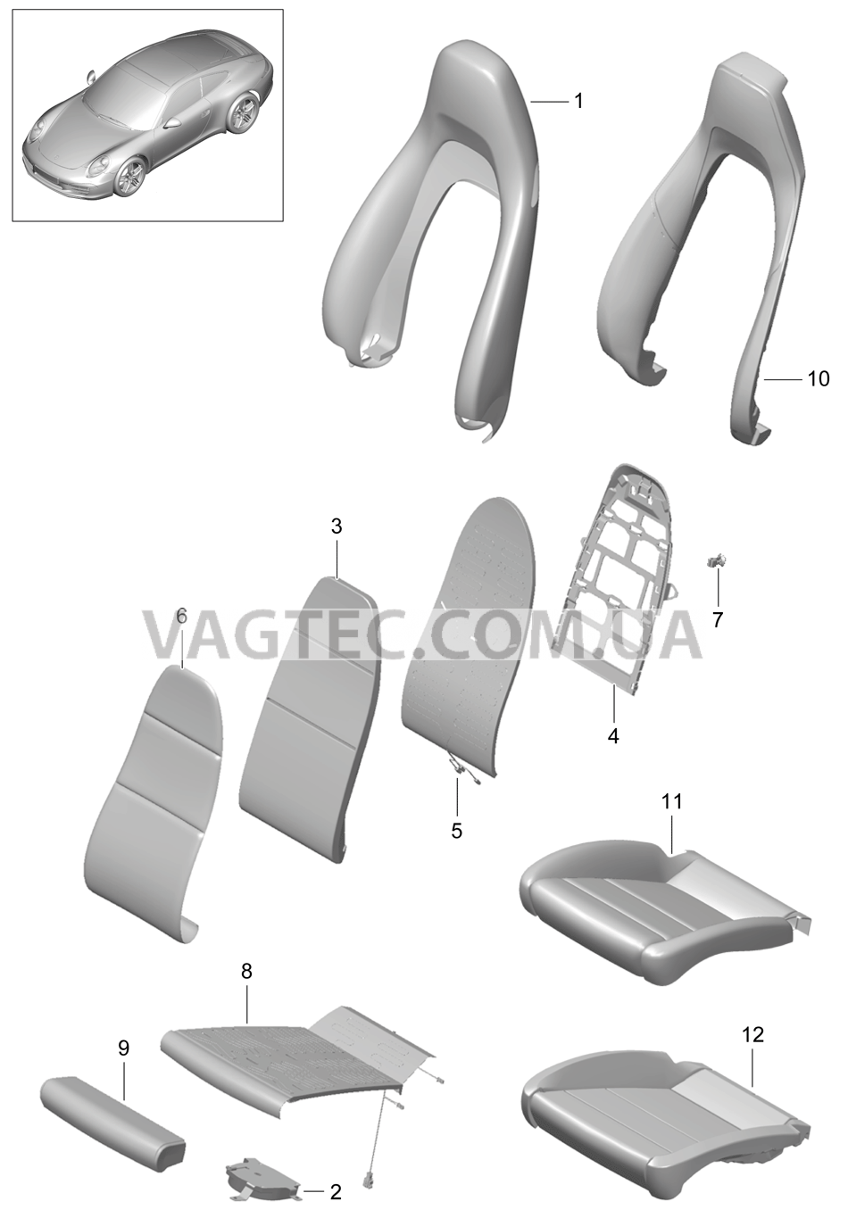 817-017 Пенопласт.комп., Покрытие, Спортивное сиденье PLUS для PORSCHE 911.Carrera 2012-2016USA