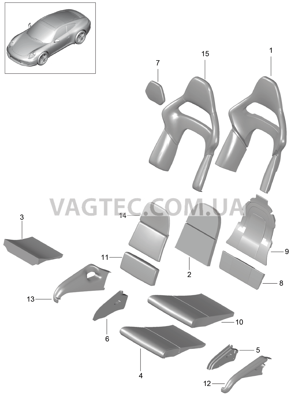 817-032 Пенопласт.комп., Покрытие, подушка и спинка, Ковшеобразное сиденье, складной для PORSCHE 911.Carrera 2012-2016