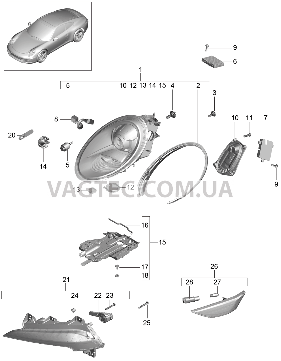 905-001 Фара, Дополнительная фара, Сигнал поворота, Боковой габаритный огонь
						
						I603 для PORSCHE 911.Carrera 2012-2016USA