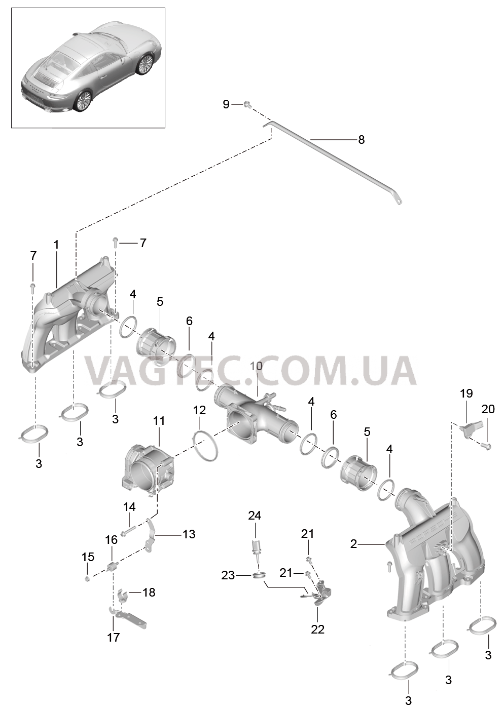 107-005 Впускной коллектор, Патр. дроссел.заслонки для PORSCHE 911.Carrera 2017-2018USA