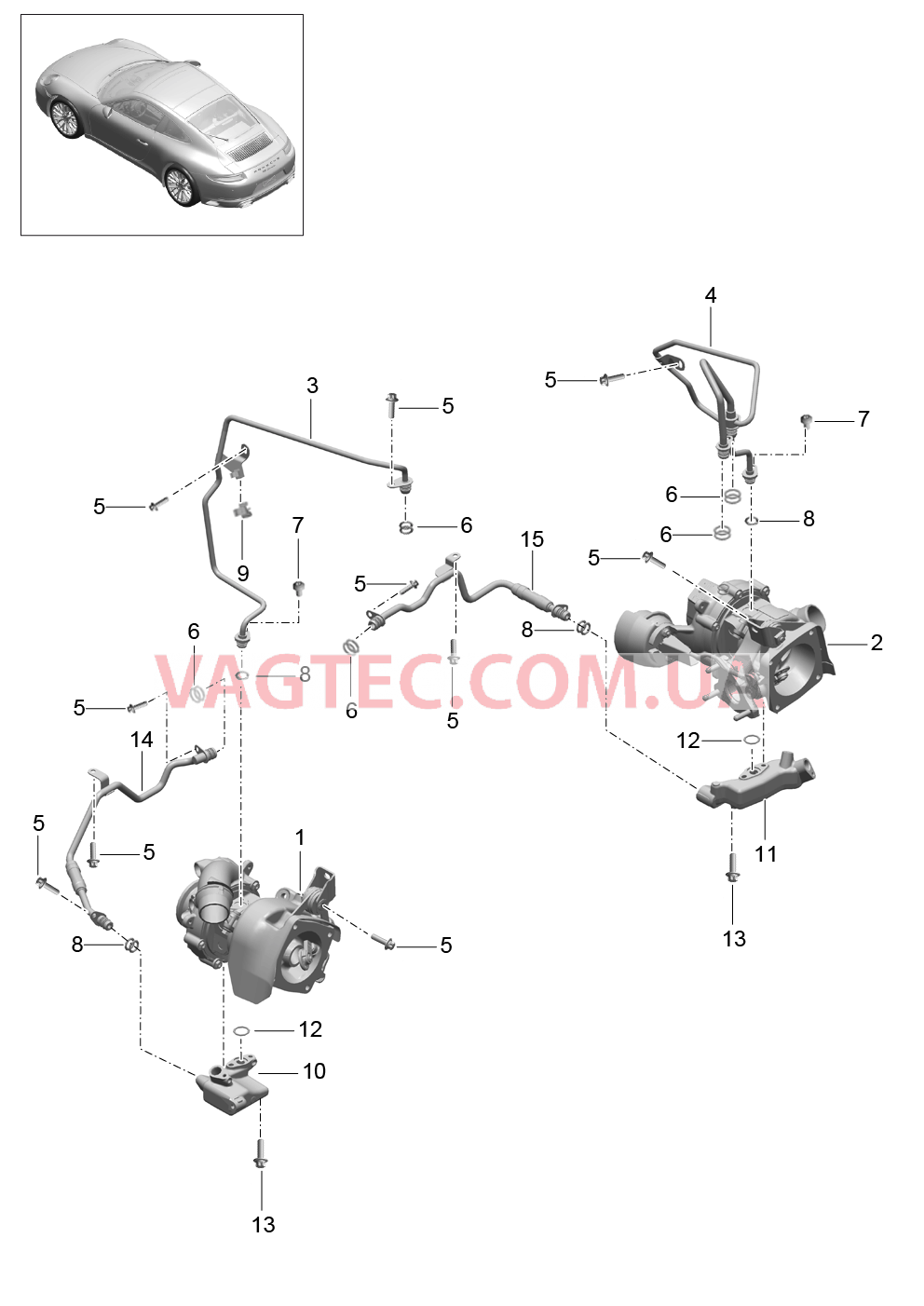 202-005 Турбонагнетатель ОГ, Охлаждение, Масляная магистраль для PORSCHE 911.Carrera 2017-2018USA