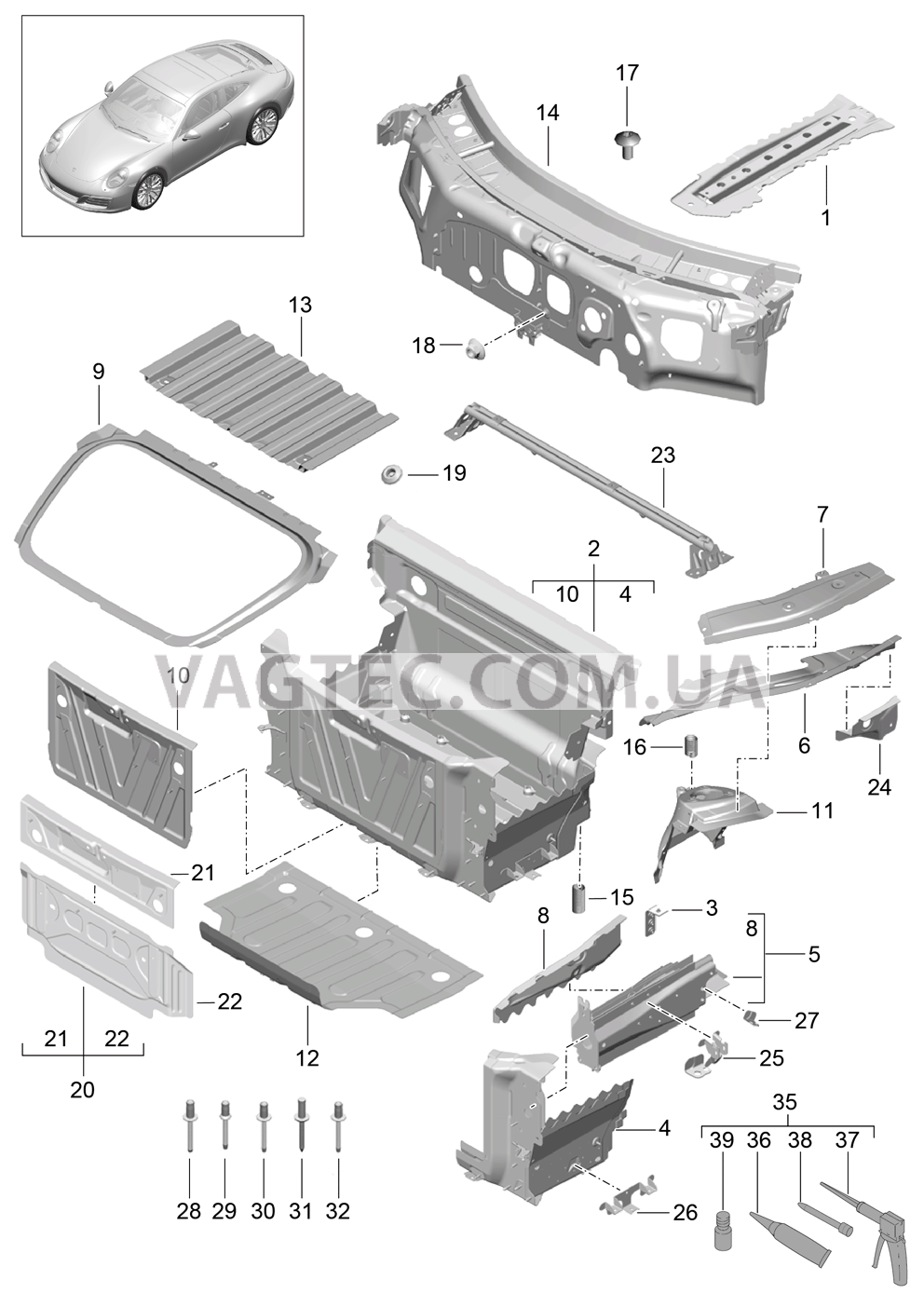 801-010 Передняя часть кузова, Отдельные детали для PORSCHE 911.Carrera 2017-2018