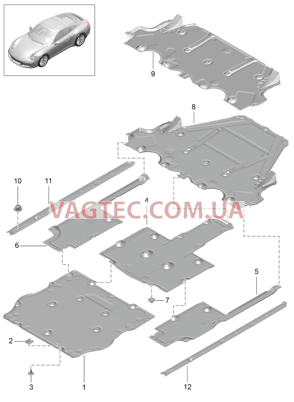 801-070 Днище кузова, Обивки для PORSCHE 911.Carrera 2017-2018