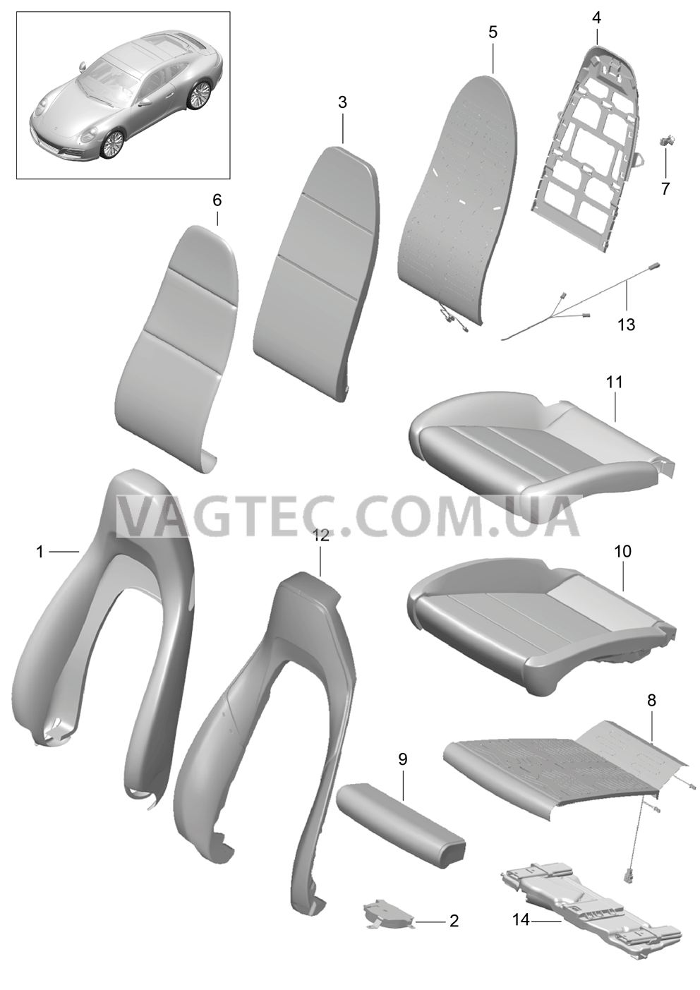 817-002 Пенопласт.комп., Покрытие, Спортивное сиденье для PORSCHE 911.Carrera 2017-2018USA