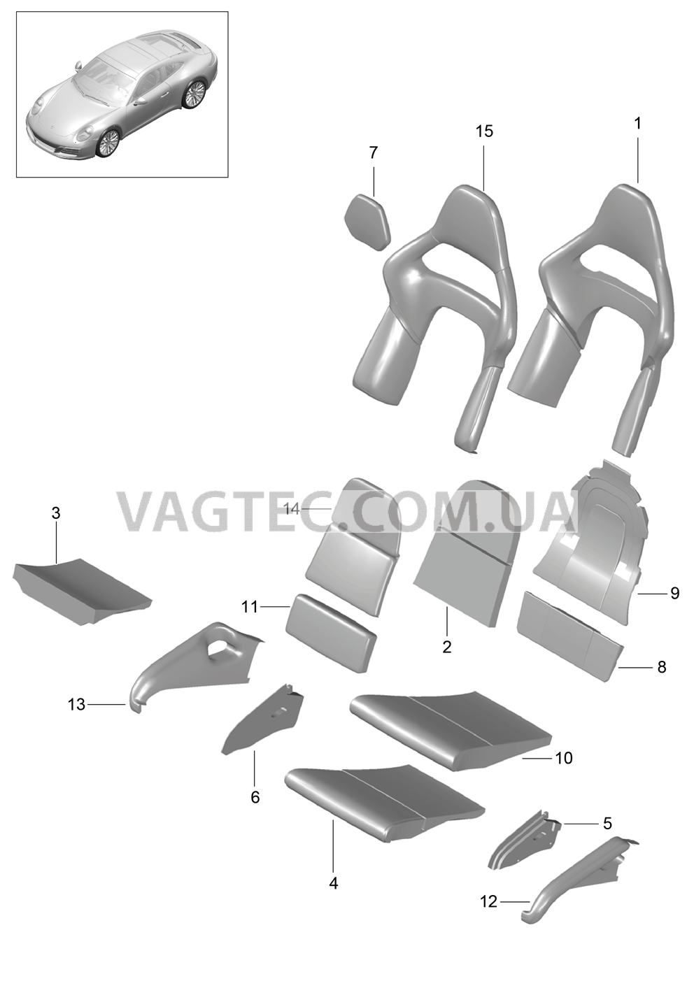 817-032 Пенопласт.комп., Покрытие, подушка и спинка, Ковшеобразное сиденье, складной для PORSCHE 911.Carrera 2017-2018