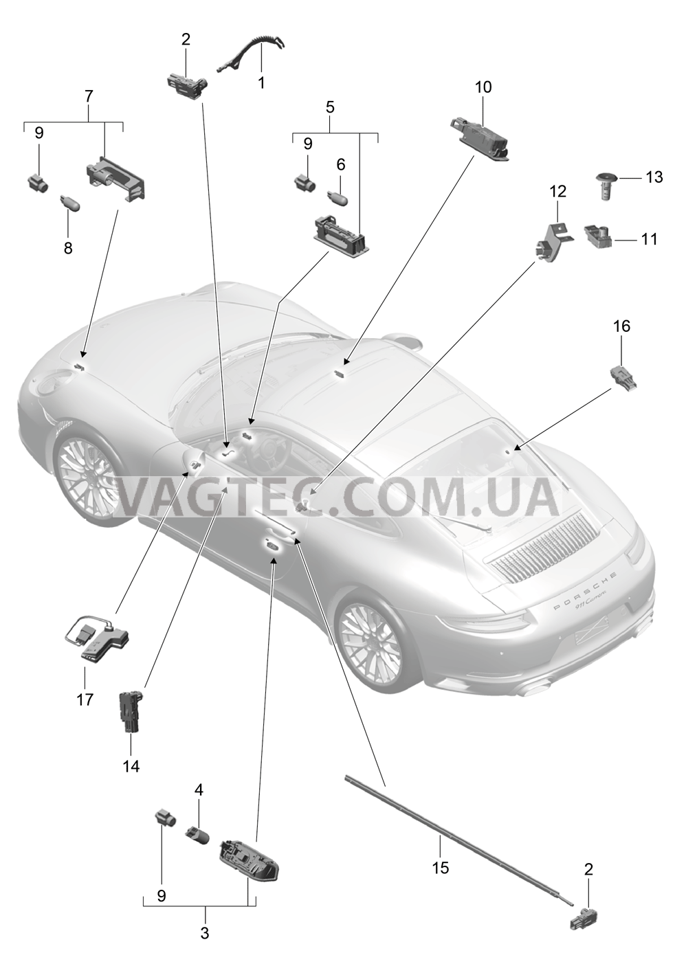 903-004 Освещение салона, Сигнальная лампа двери, Подсветка простр.для ног, Плафон освещения багажного отделения, Подсветка перчат.ящика, Лампа, Наружн.зеркало задн.вида для PORSCHE 911.Carrera 2017-2018
