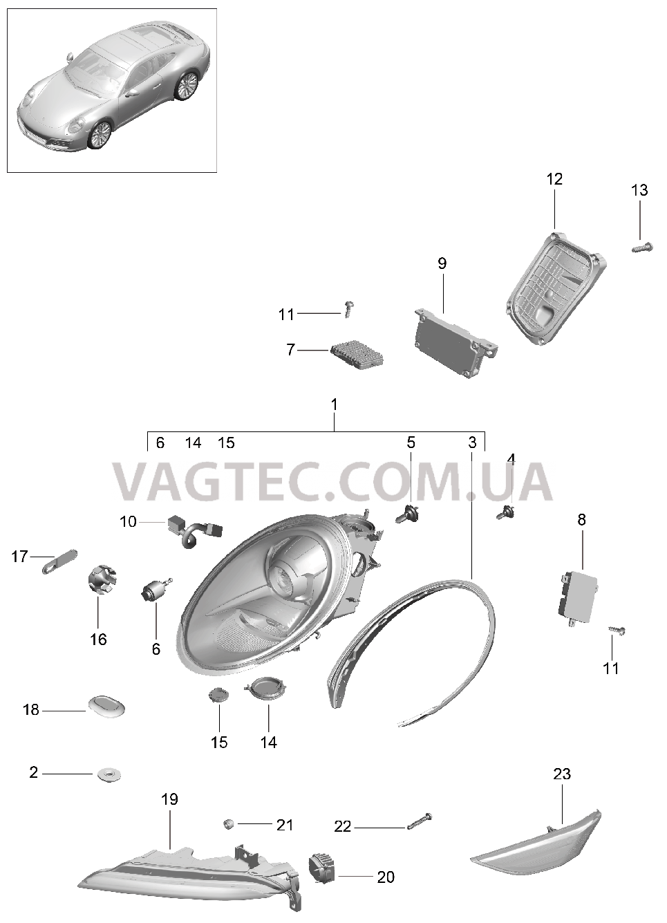 905-000 Фара, Дополнительная фара, Сигнал поворота, Боковой габаритный огонь, Указатель поворота
						
						I601 для PORSCHE 911.Carrera 2017-2018USA