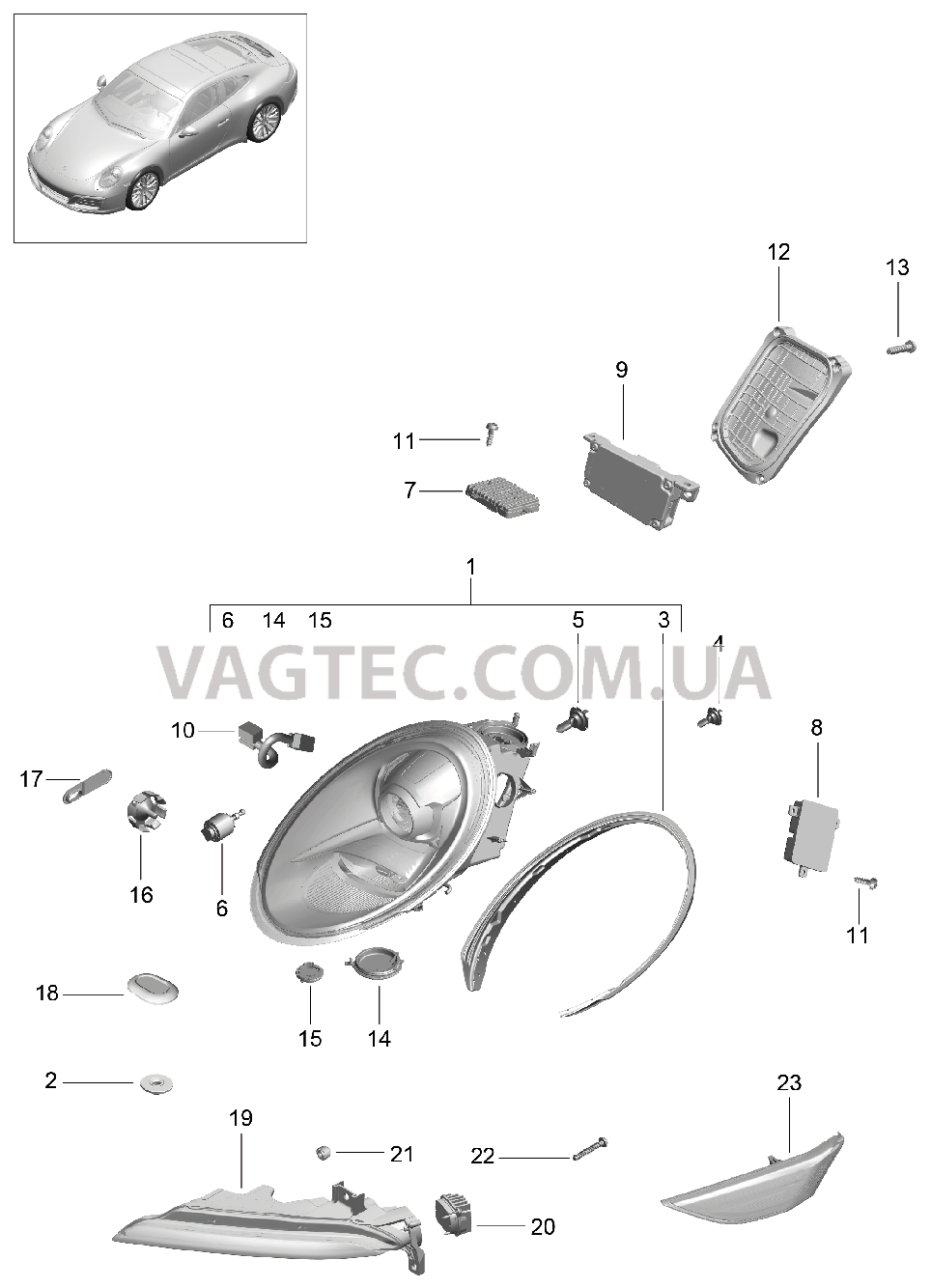 905-001 Фара, Дополнительная фара, Сигнал поворота, Боковой габаритный огонь, Указатель поворота
						
						I603 для PORSCHE 911.Carrera 2017-2018