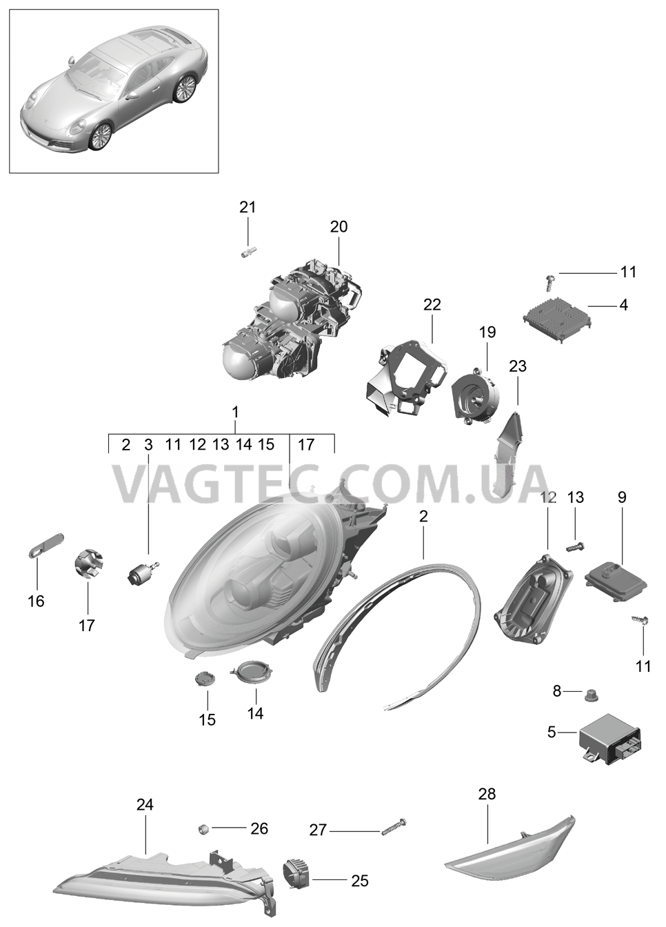 905-003 Фара, Дополнительная фара, Сигнал поворота, Боковой габаритный огонь, Указатель поворота
						
						IXEY/602 для PORSCHE 911.Carrera 2017-2018