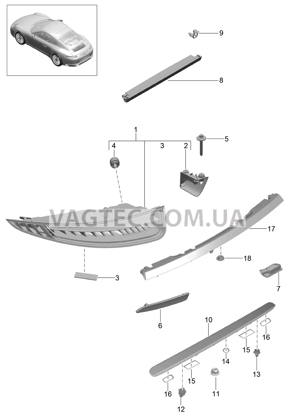 905-005 Задний фонарь, Лампа освещения номерного знака, Доп.сигнал торможения для PORSCHE 911.Carrera 2017-2018USA