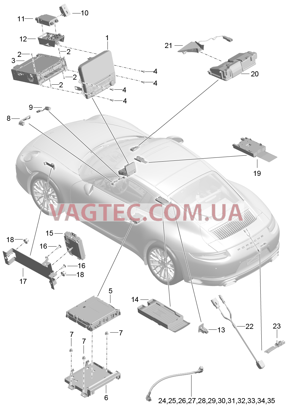 911-000 Экран, Центральный компьютер, Навигация, Телевизор, Микрофон, Интерфейс для подключения мультимедийных устр, Блок подключения, Камера, Соединительная трубка для PORSCHE 911.Carrera 2017-2018