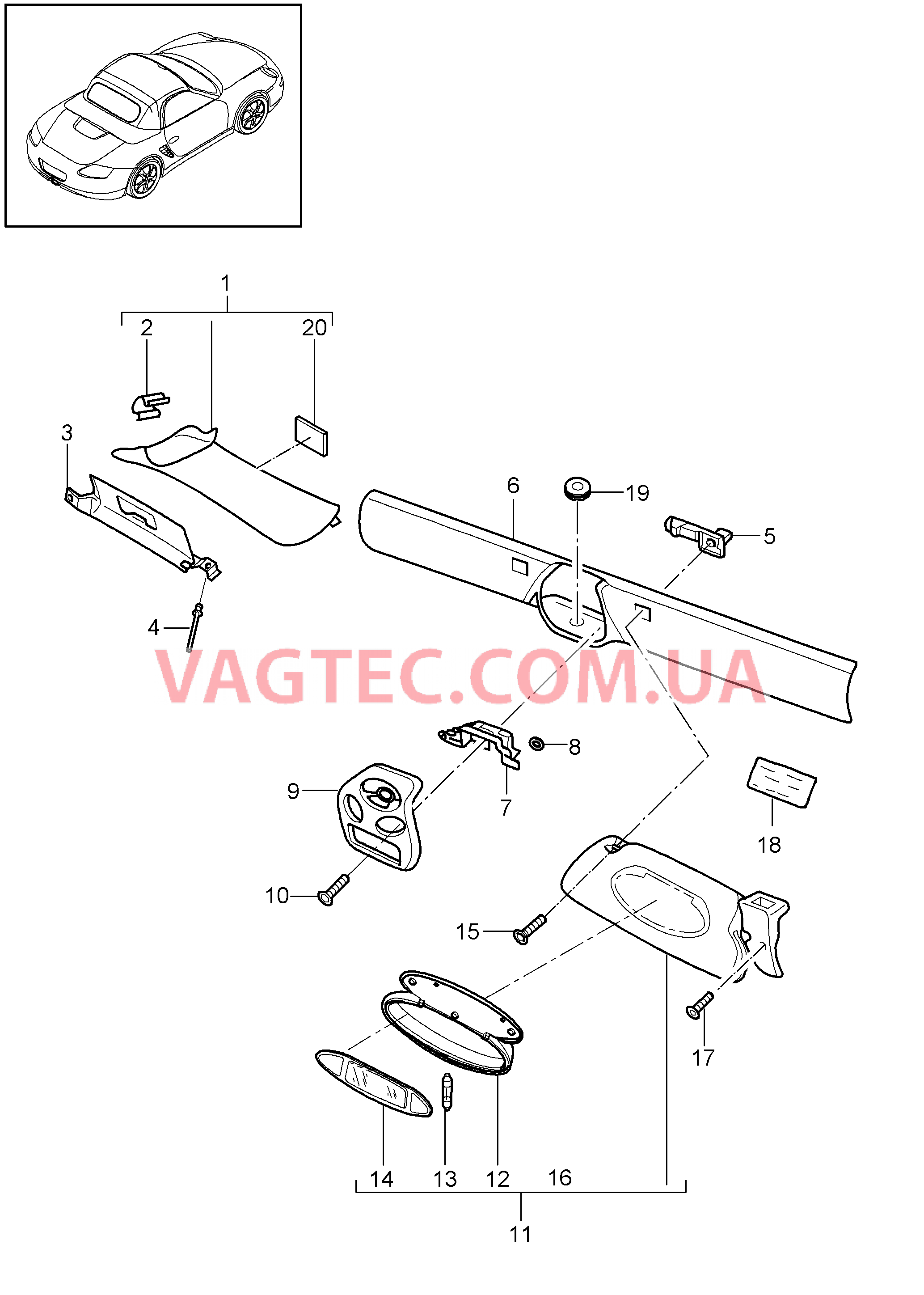 807-009 Рама ветрового стекла, Солнцезащитные козырьки для PORSCHE Boxster 2005-2008