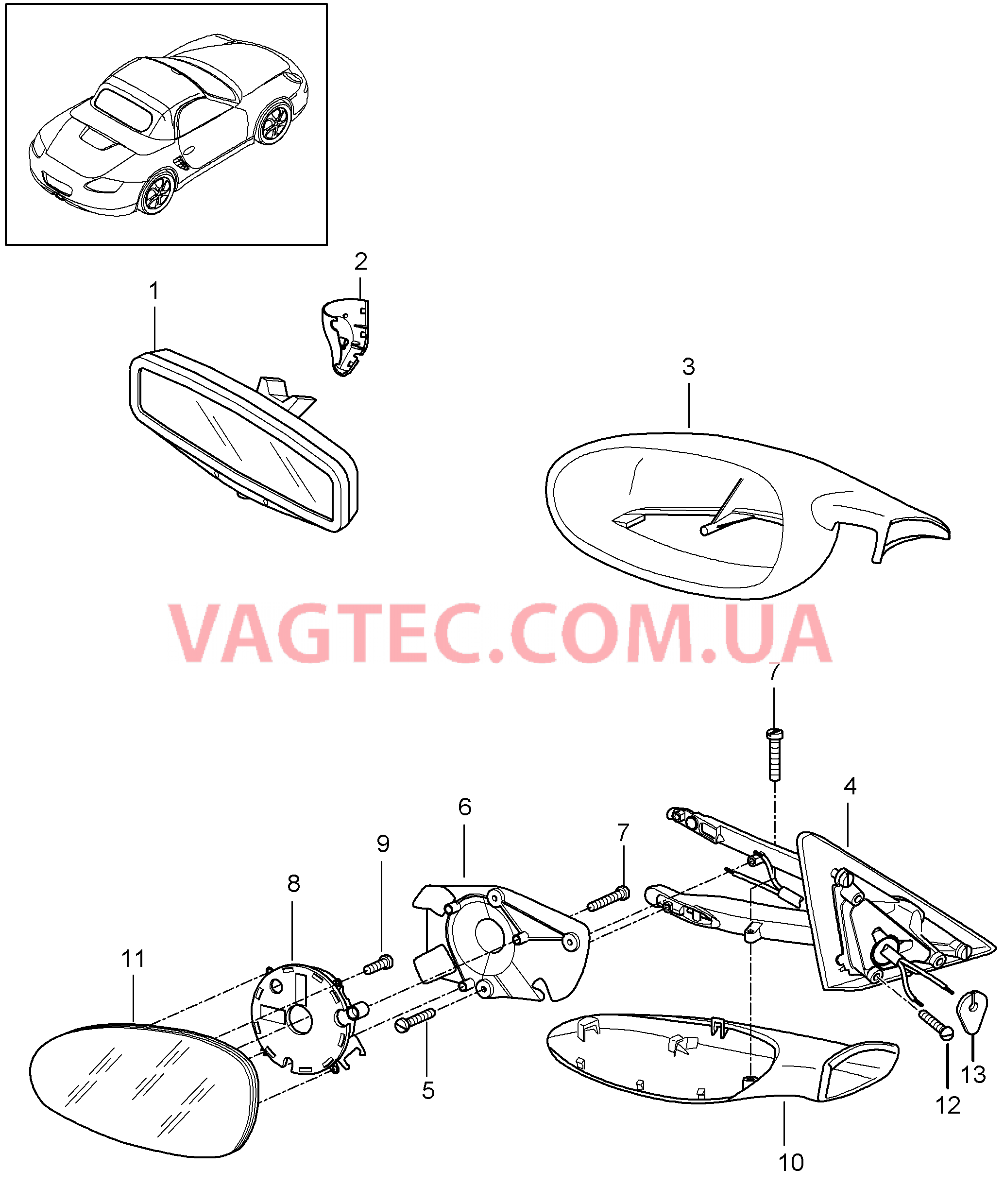 809-010 Салон.зеркало задн.вида, Наружн.зеркало задн.вида для PORSCHE Boxster 2005-2008