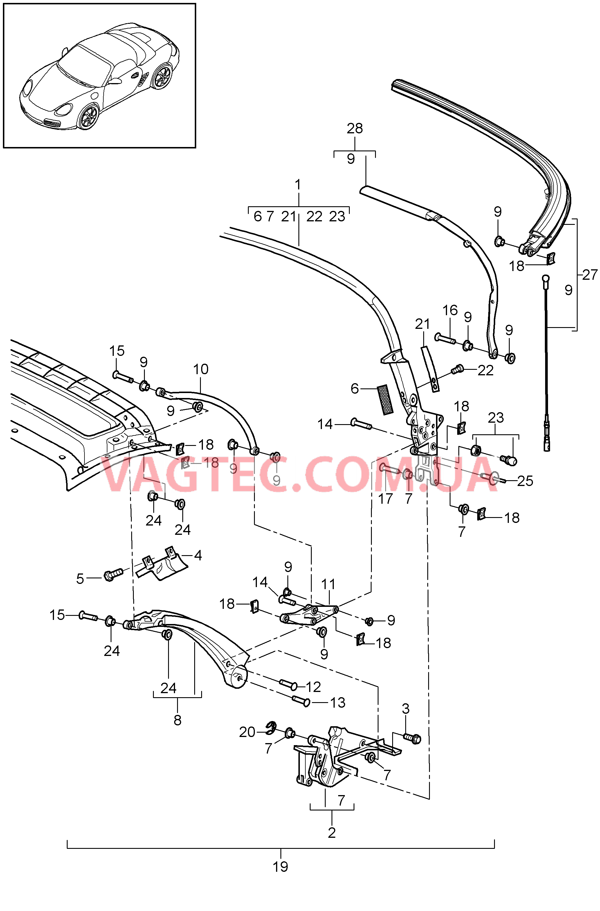 811-005 Каркас складного верха, Отдельные детали для PORSCHE Boxster 2005-2008USA