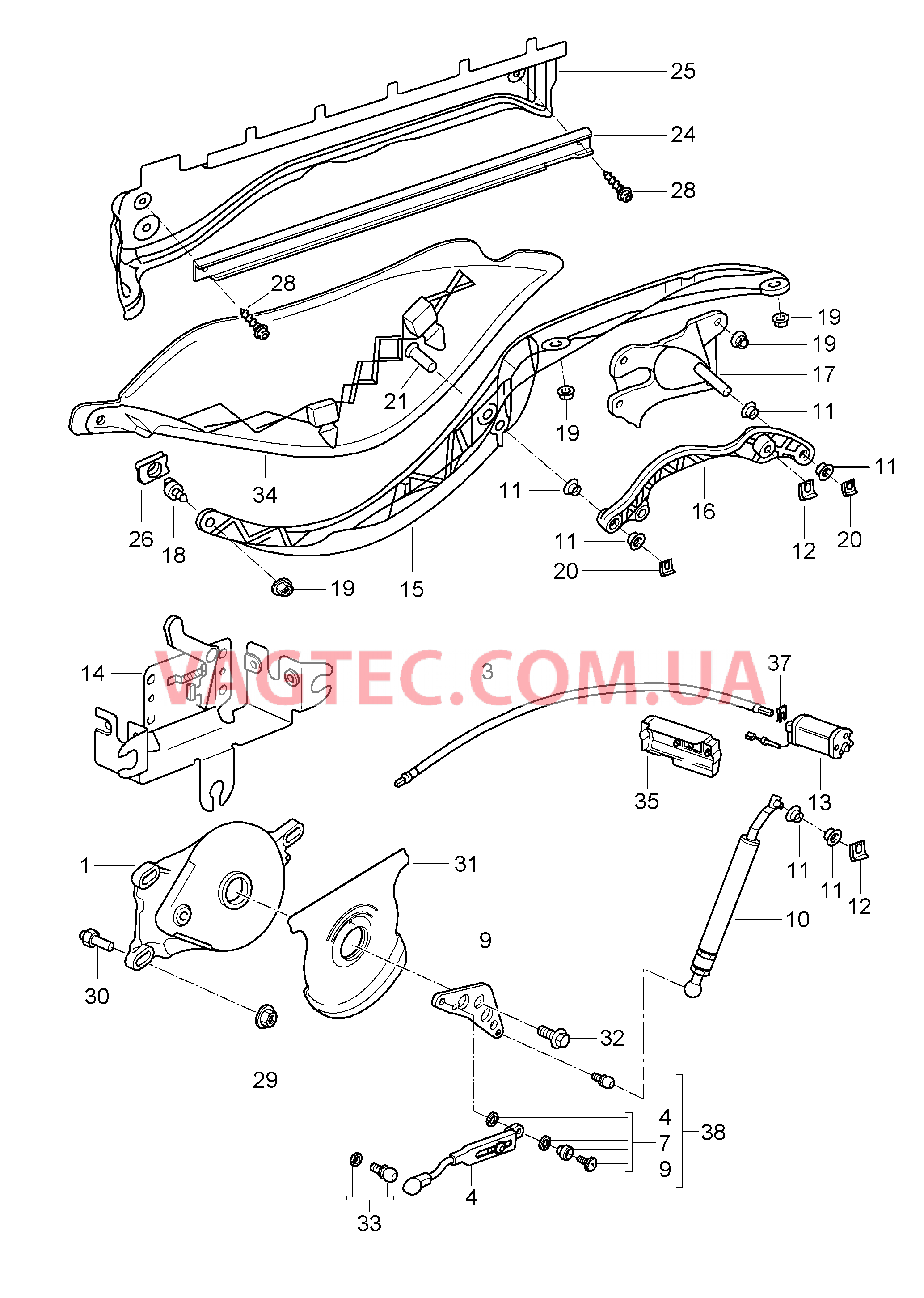 811-012 Привод, Складной верх, Отсек складного верха, Крышка для PORSCHE Boxster 2005-2008