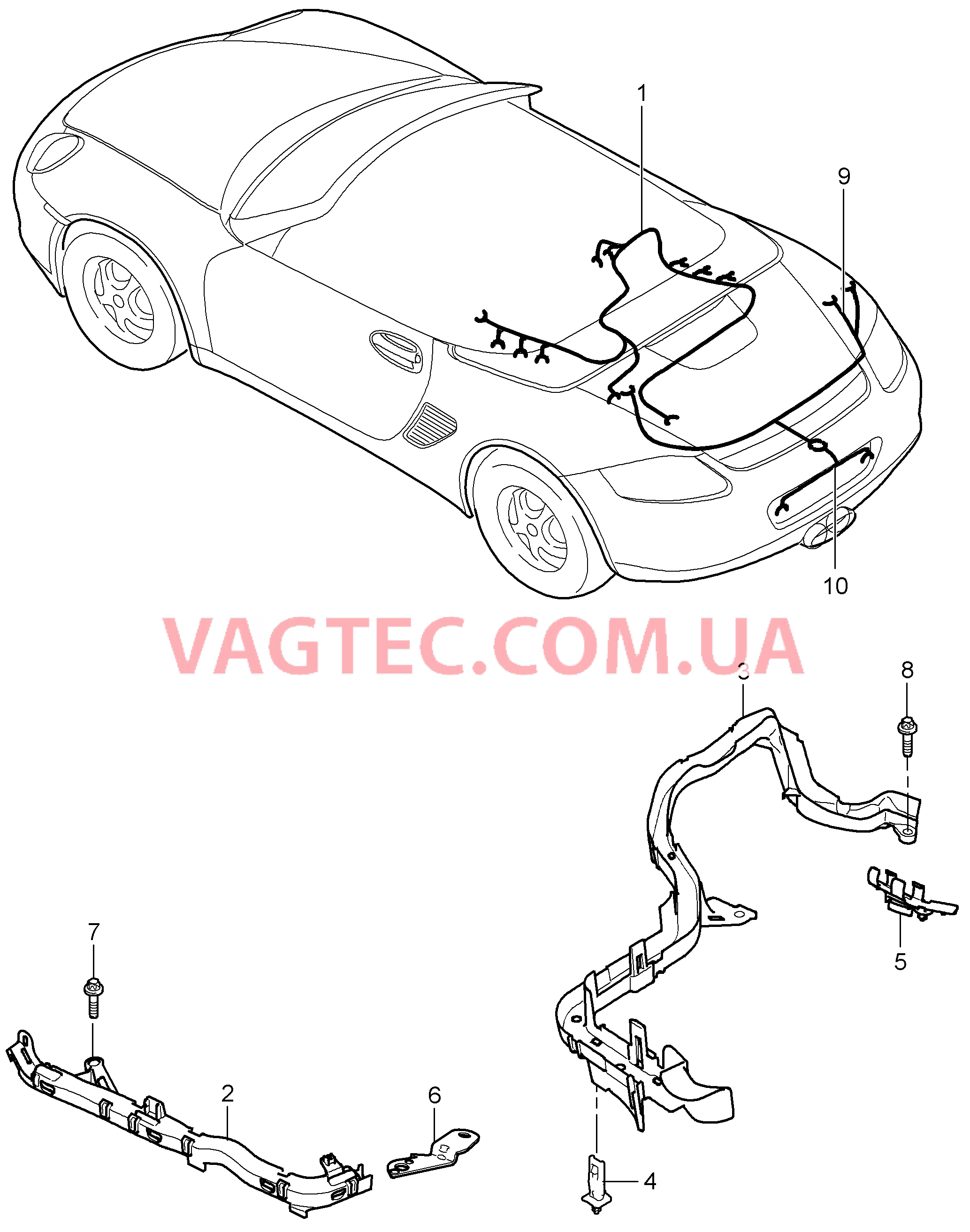 902-020 Жгуты проводов, Двигатель, Задняя часть кузова, Лампа освещения номерного знака, Помощь при парковке, Ремонтные комплекты, для, Амортизатор, ABS, Индик.износа торм.колодок, Задняя ось для PORSCHE Boxster 2005-2008