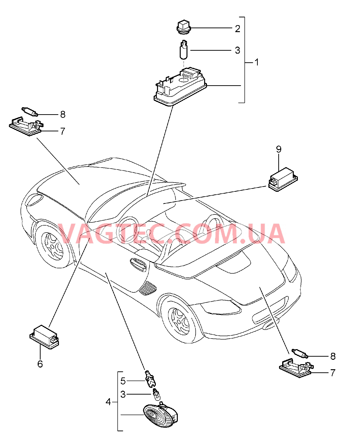903-004 Освещение салона, Плафон освещения багажного отделения, Подсветка моторн. отсека, Подсветка перчат.ящика, Подсветка простр.для ног для PORSCHE Boxster 2005-2008