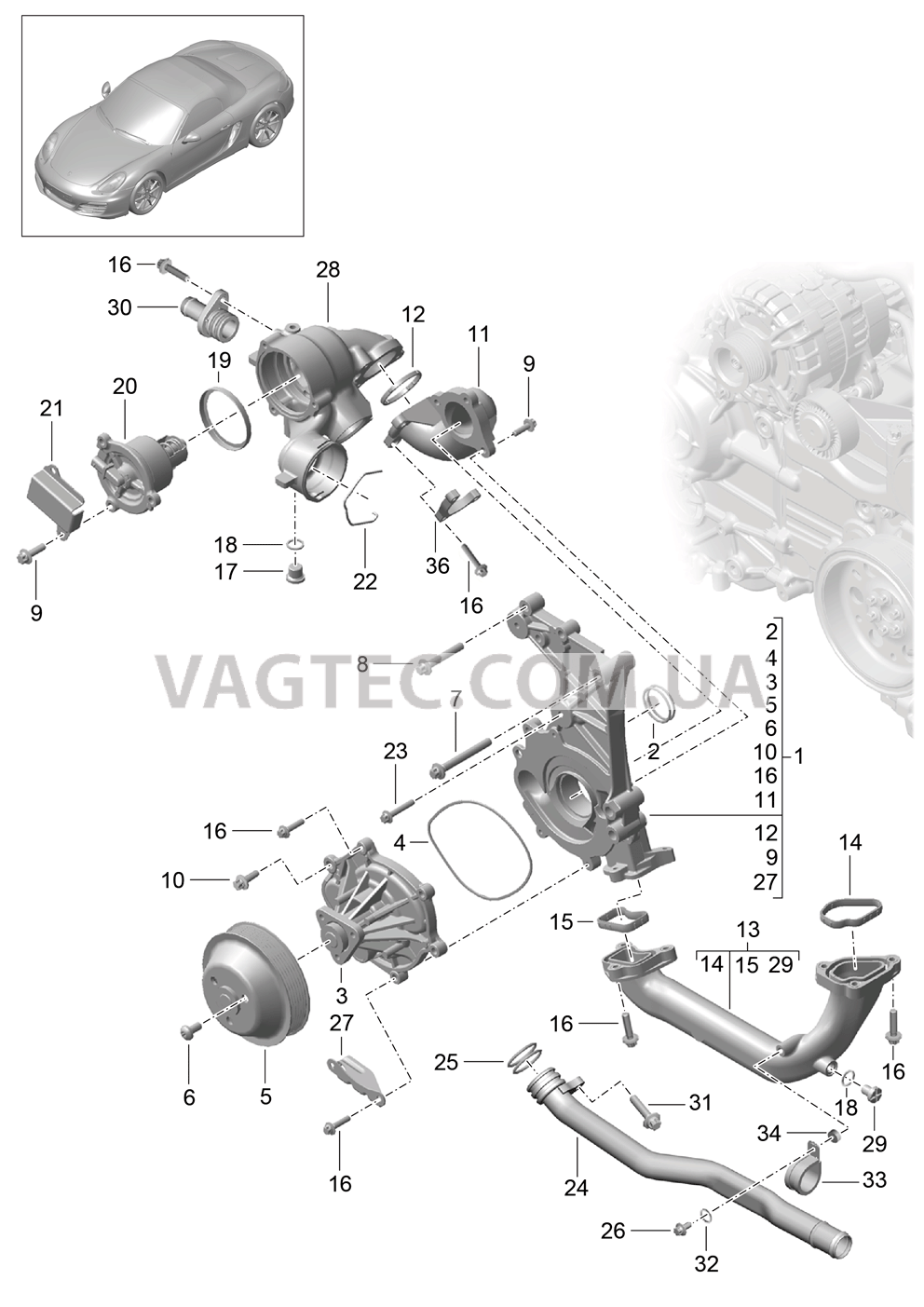 105-000 Водяной насос, Корпус термостата для PORSCHE Boxster 2012-2016USA