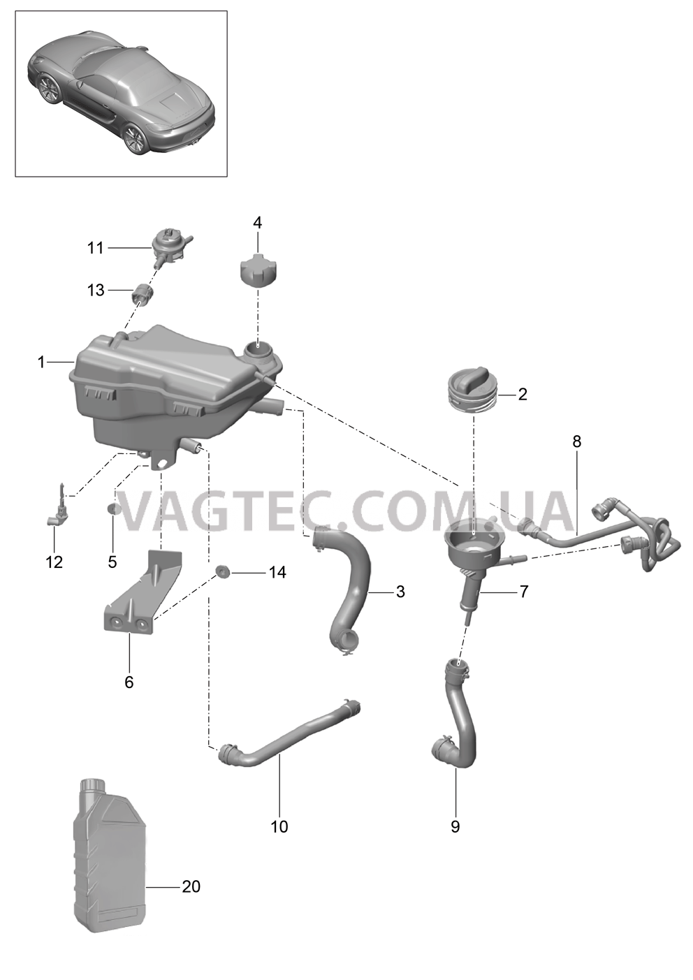 105-020 Водяное охлаждение 3, Водяной резервуар, Подача масла для PORSCHE Boxster 2012-2016USA