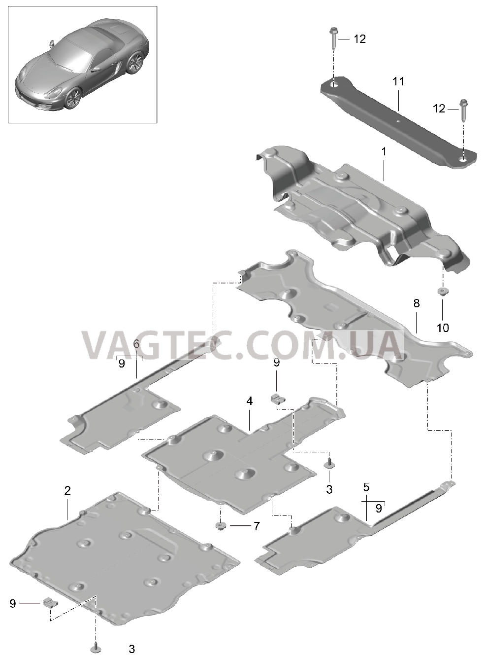 801-070 Днище кузова, VERKLEIDUNG для PORSCHE Boxster 2012-2016USA