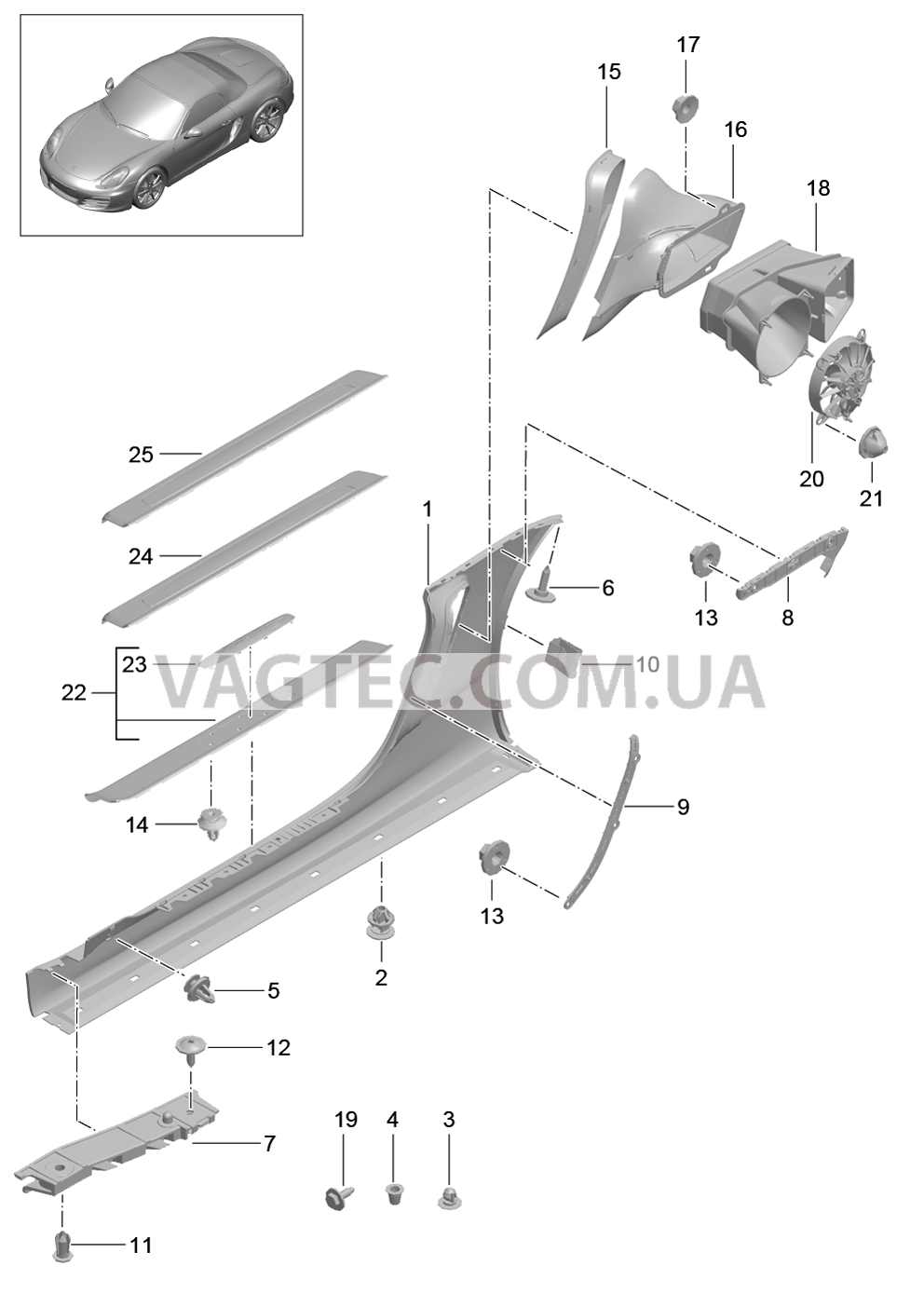 801-090 Накладка на порог, и, Вентиляция, Моторный отсек для PORSCHE Boxster 2012-2016